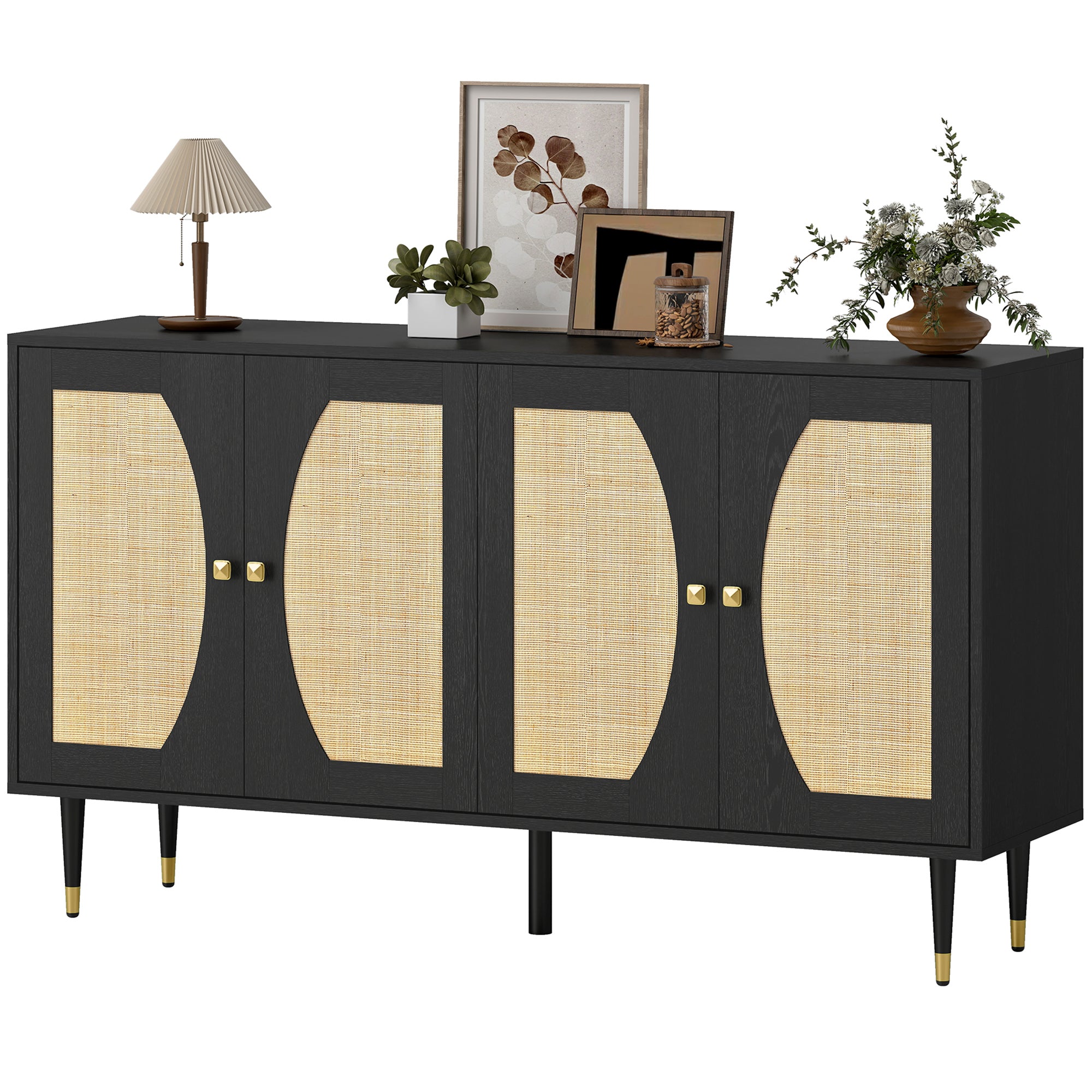 55" Boho Sideboard Buffet Cabinet - Black Rattan Front-DECOROLALA