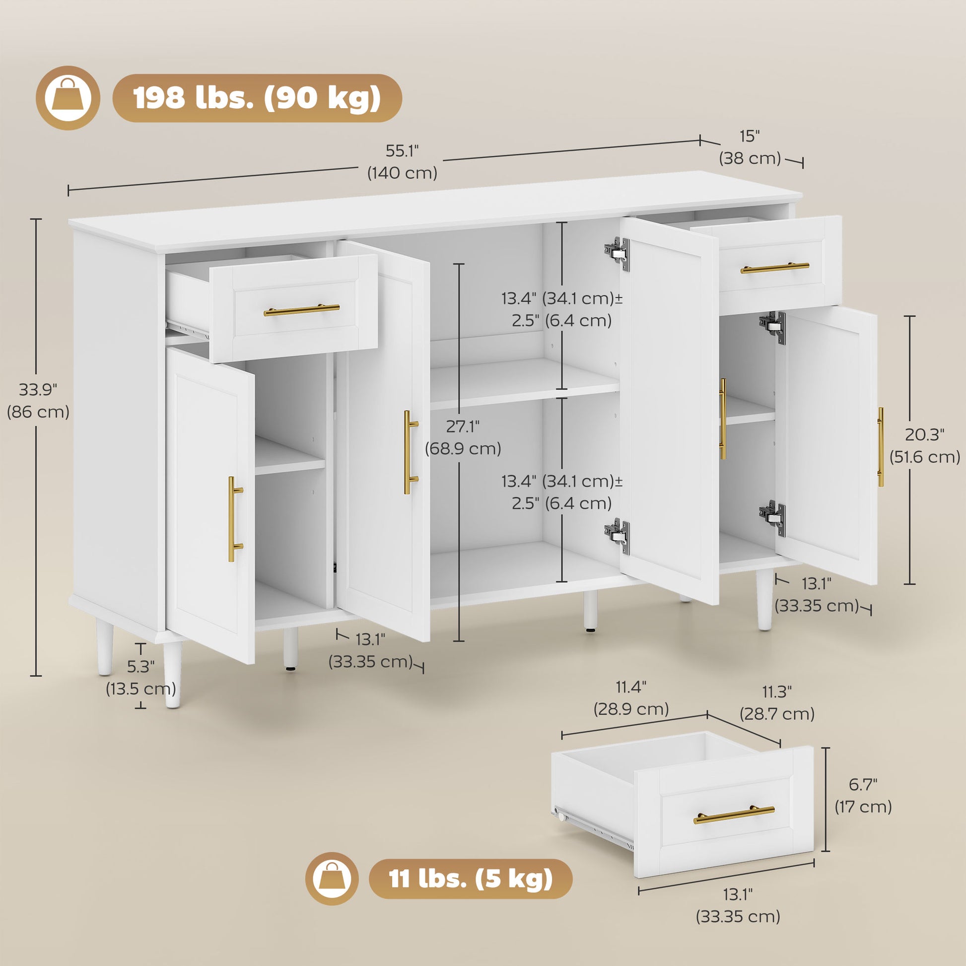 55" Buffet Cabinet - White Modern Sideboard with 4 Doors-DECOROLALA