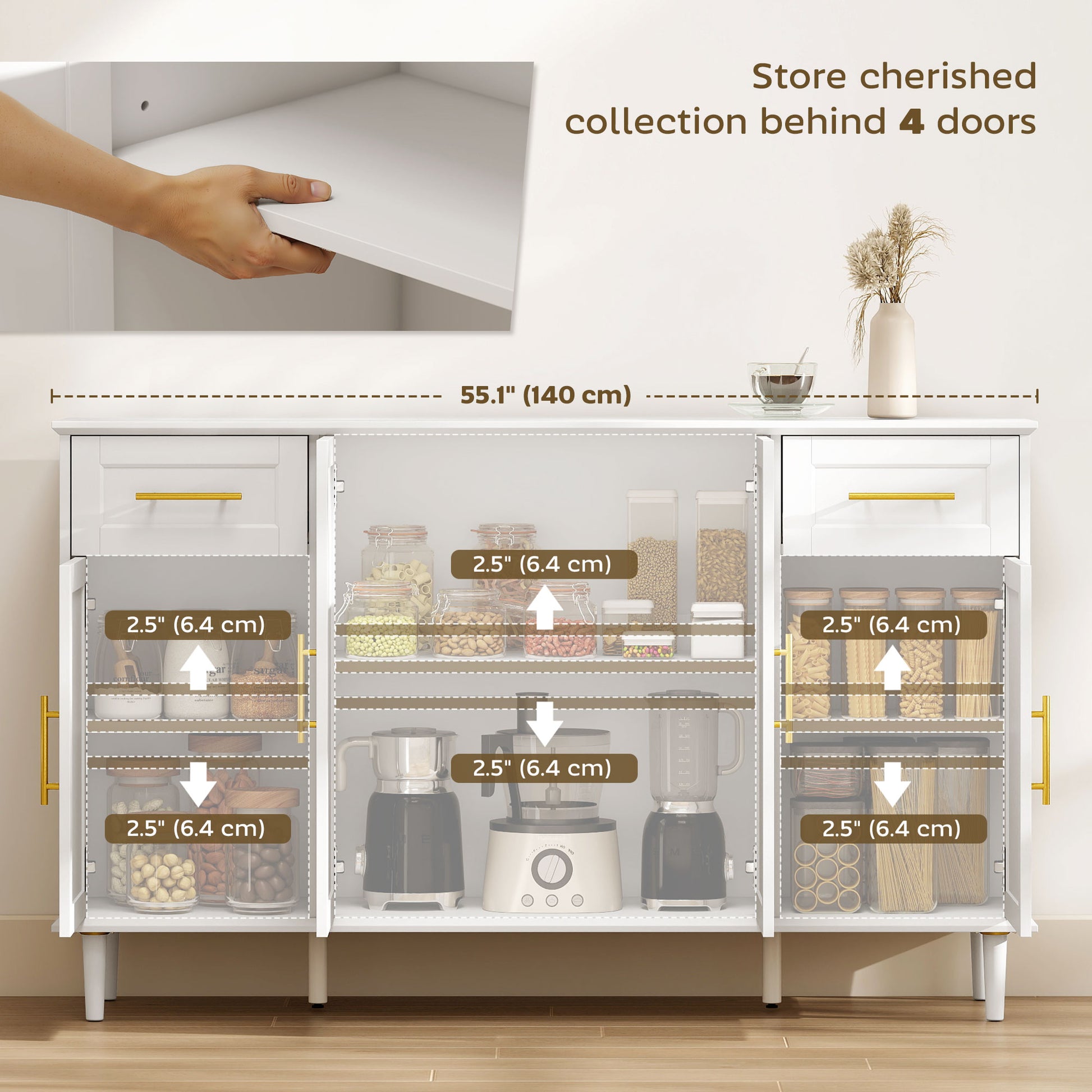 55" Buffet Cabinet - White Modern Sideboard with 4 Doors-DECOROLALA