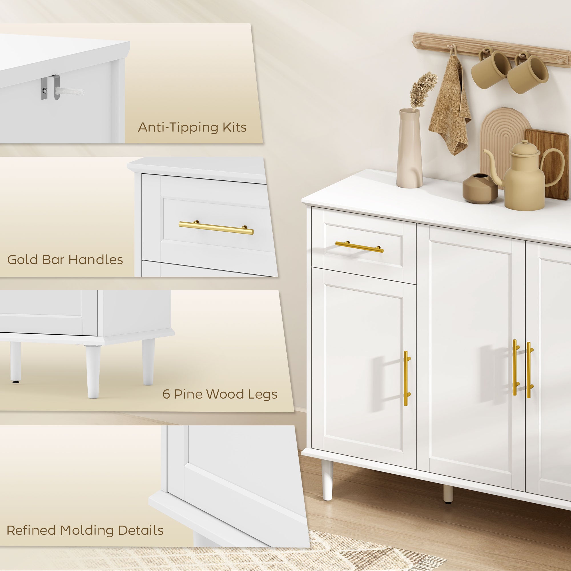 55" Buffet Cabinet - White Modern Sideboard with 4 Doors-DECOROLALA