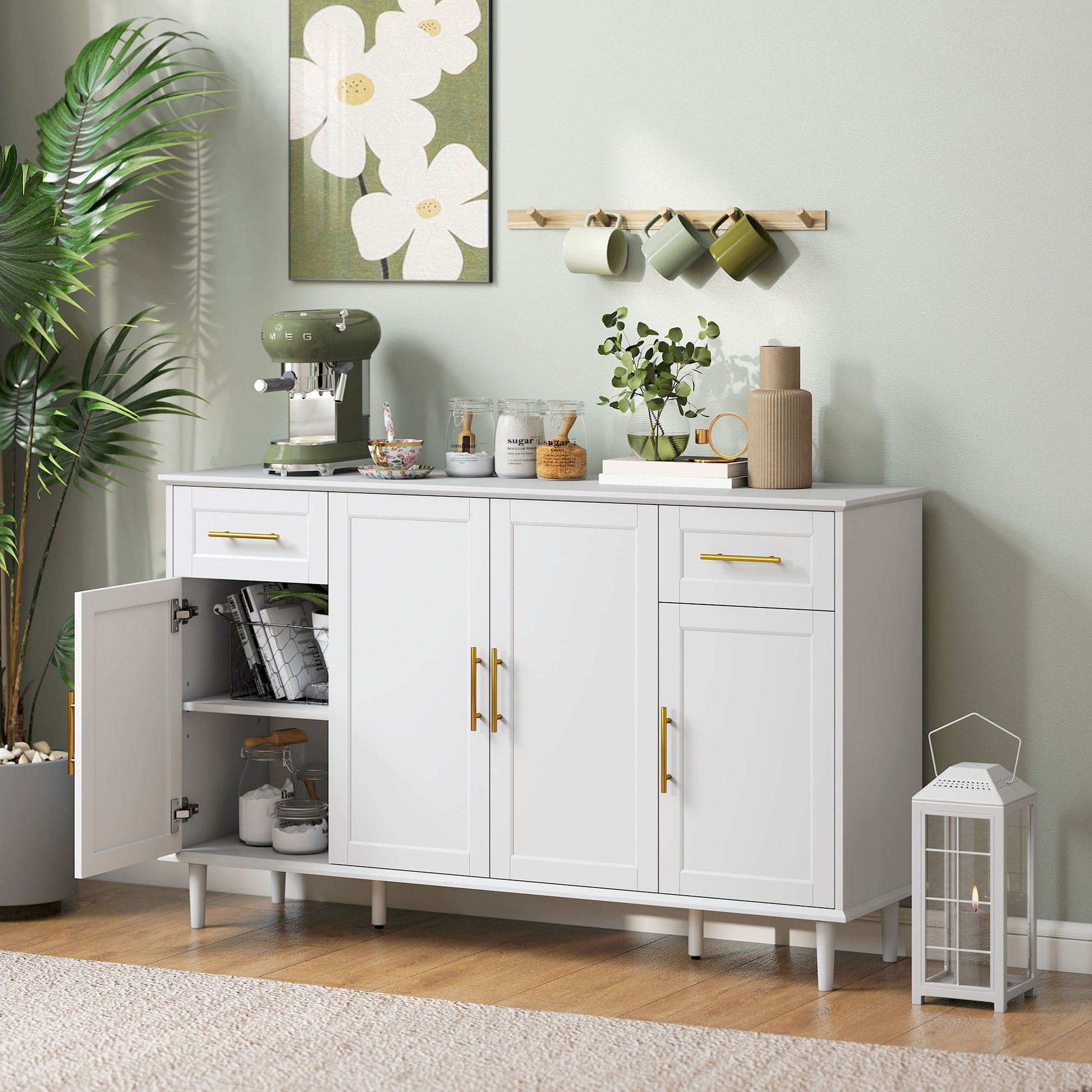 55" Buffet Cabinet - White Modern Sideboard with 4 Doors-DECOROLALA