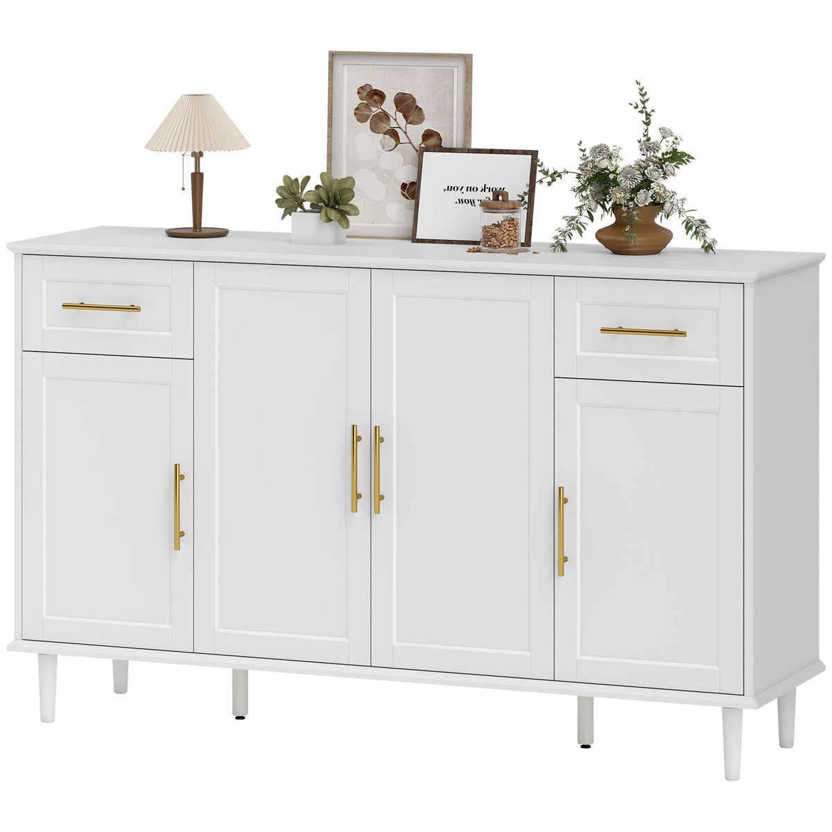 55" Buffet Cabinet - White Modern Sideboard with 4 Doors-Sideboards & Buffets-DECOROLALA
