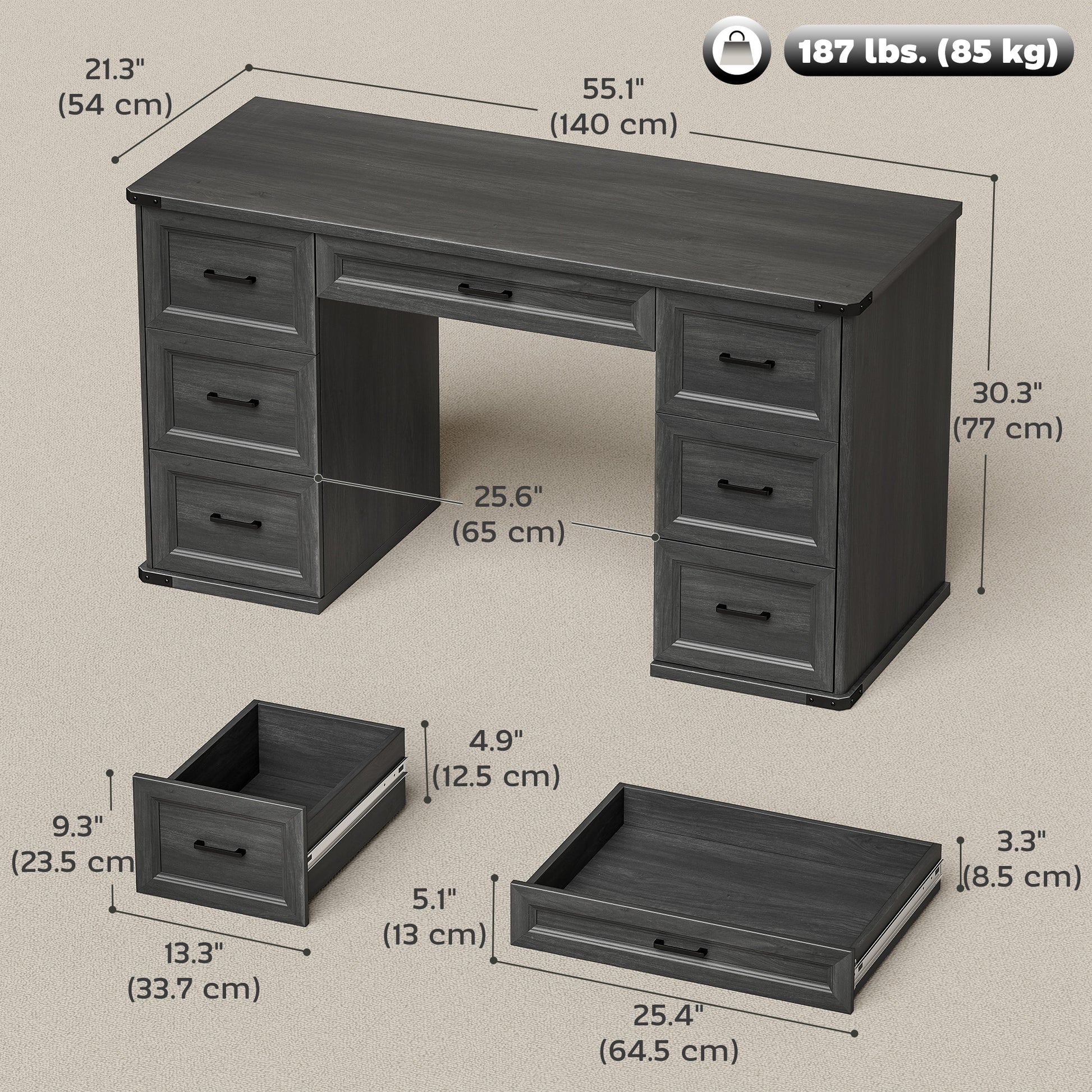 55" Computer Desk - 7 Drawers Farmhouse Black Wood Grain-DECOROLALA