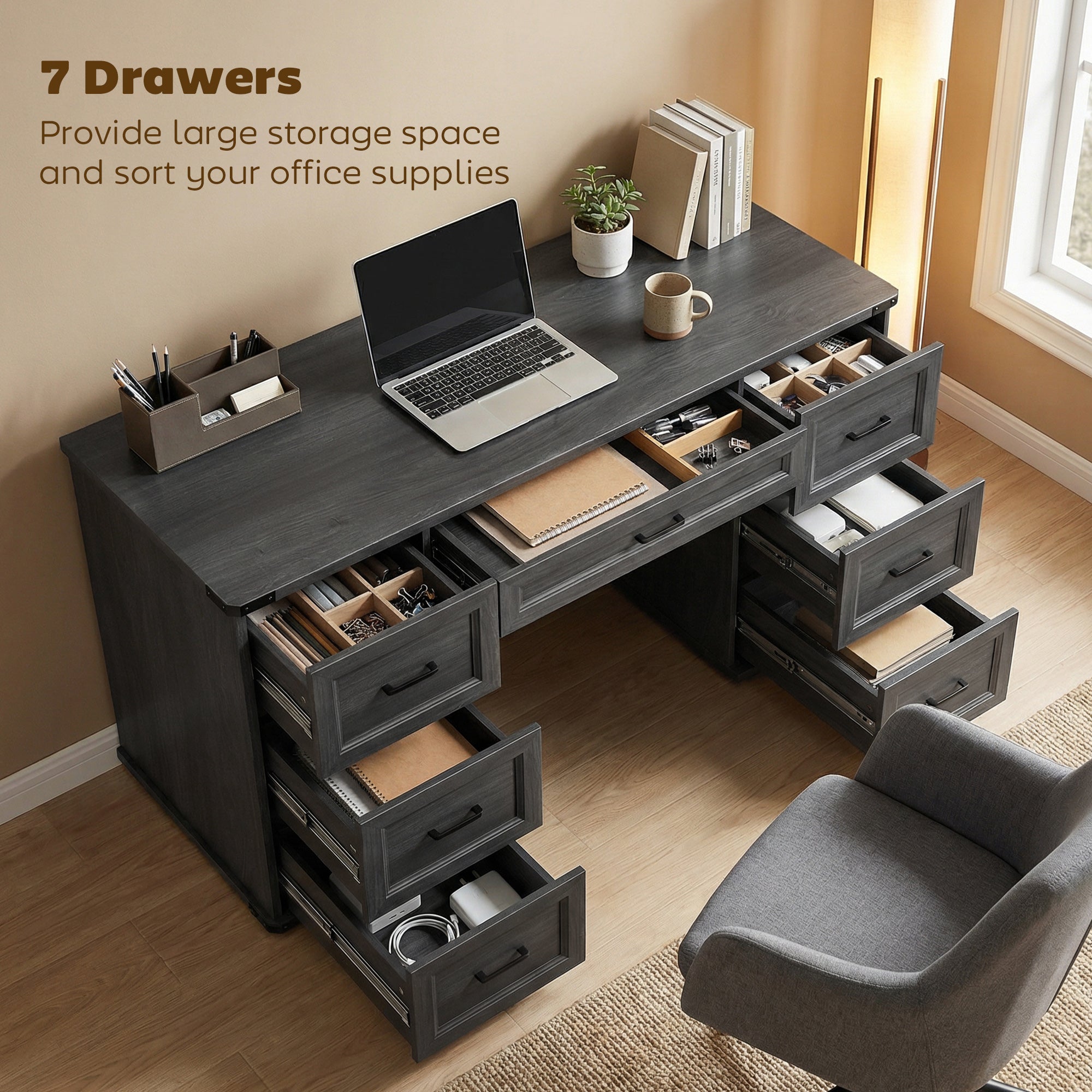 55" Computer Desk - 7 Drawers Farmhouse Black Wood Grain-DECOROLALA