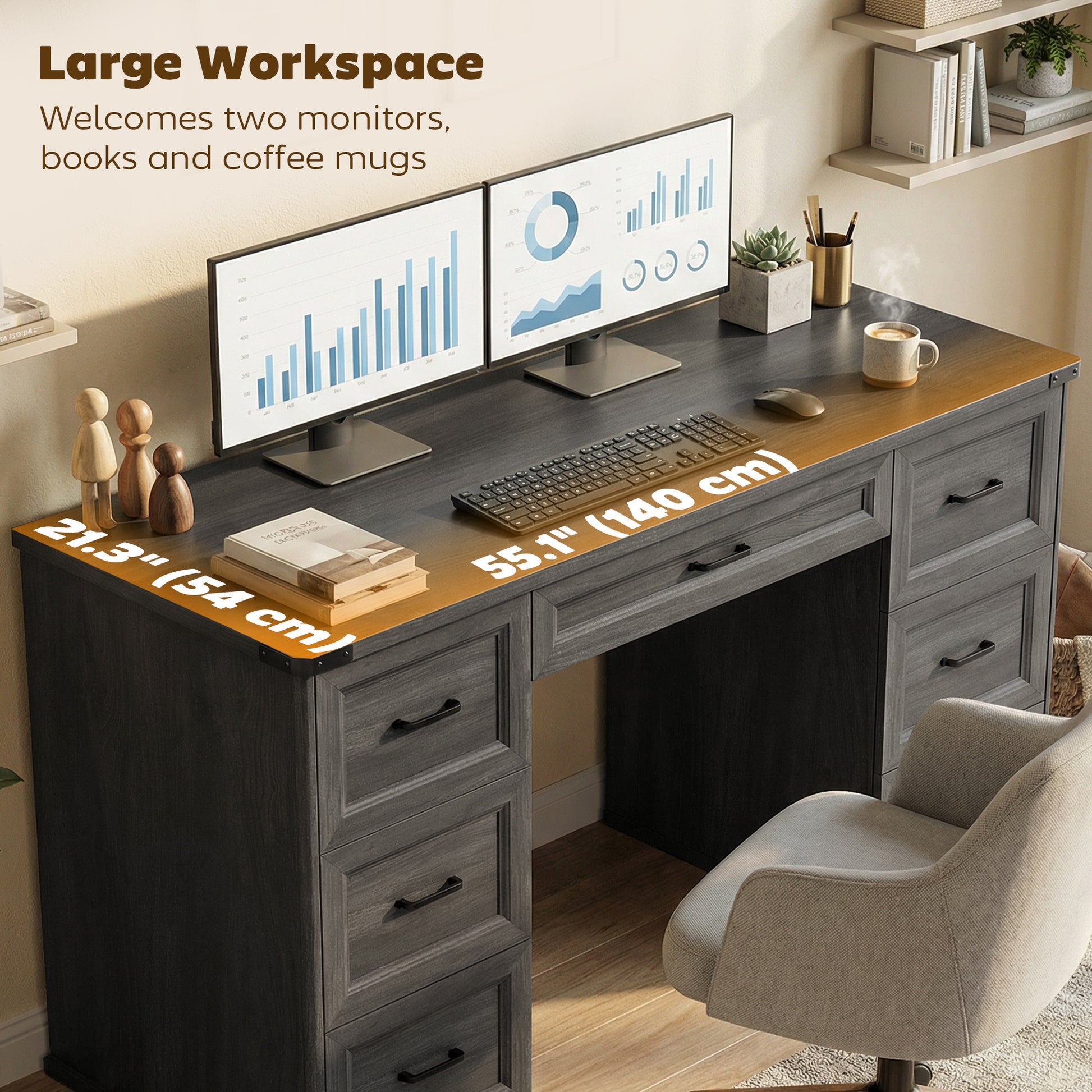 55" Computer Desk - 7 Drawers Farmhouse Black Wood Grain-DECOROLALA