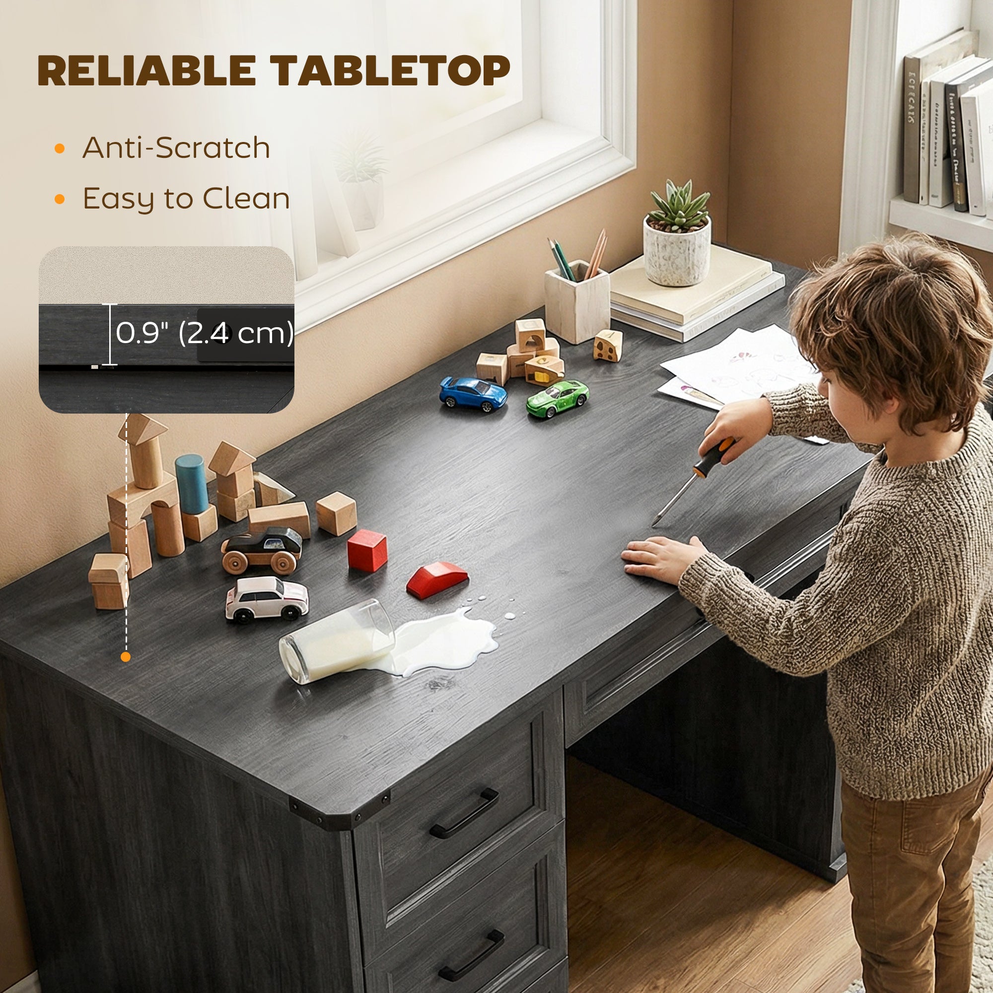 55" Computer Desk - 7 Drawers Farmhouse Black Wood Grain-DECOROLALA