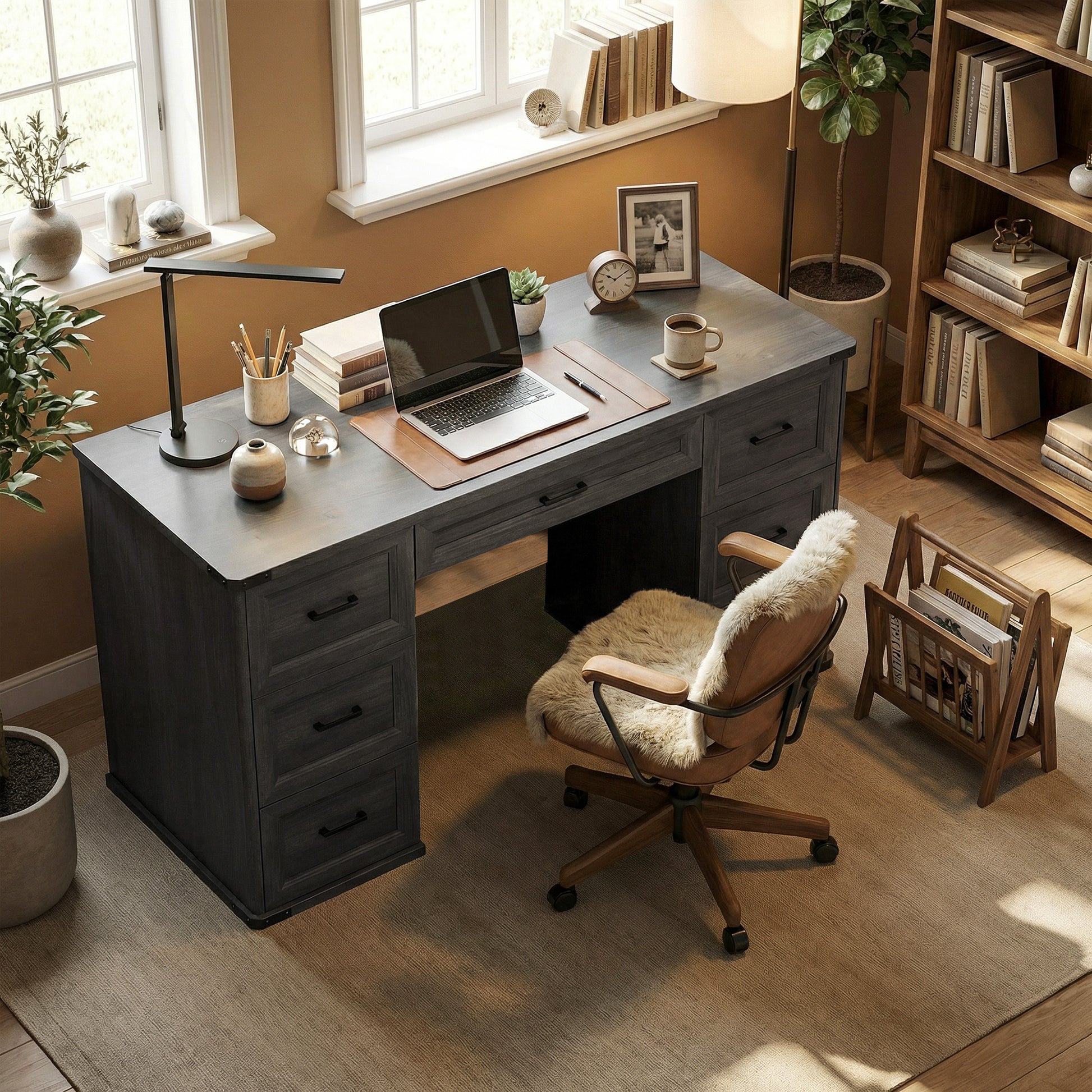 55" Computer Desk - 7 Drawers Farmhouse Black Wood Grain-DECOROLALA