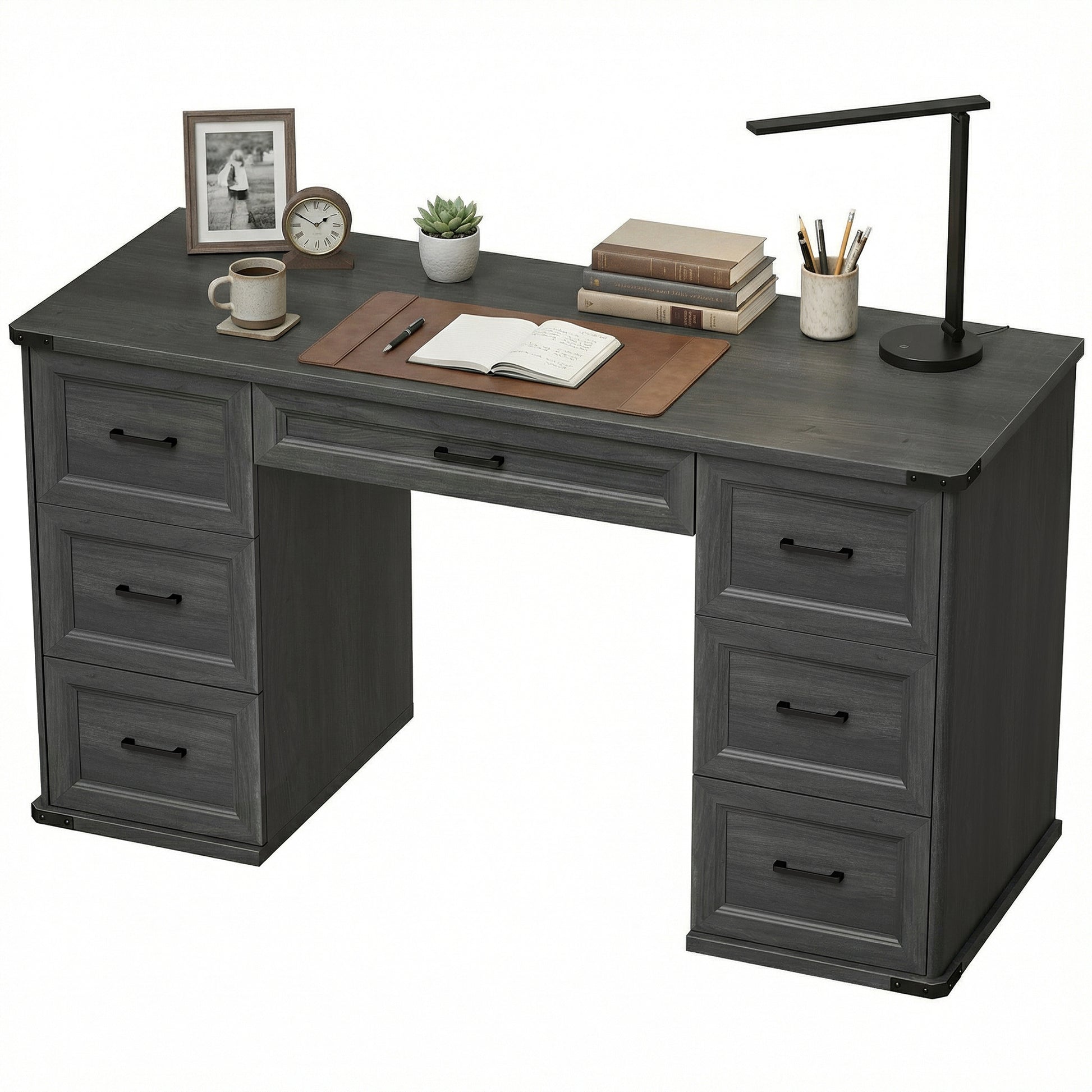 55" Computer Desk - 7 Drawers Farmhouse Black Wood Grain-DECOROLALA