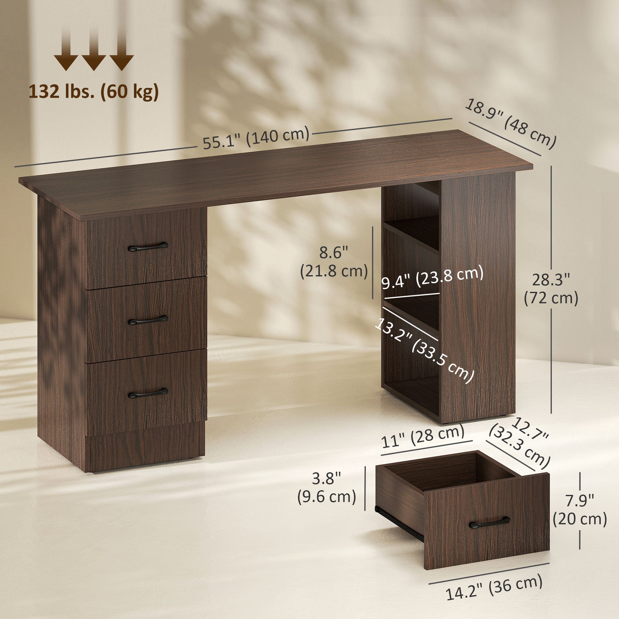 55" Computer Desk with 3 Drawers and Shelves - Walnut-Office Products > Office Furniture > Office Desks & Work Stations > Computer Desks-DECOROLALA