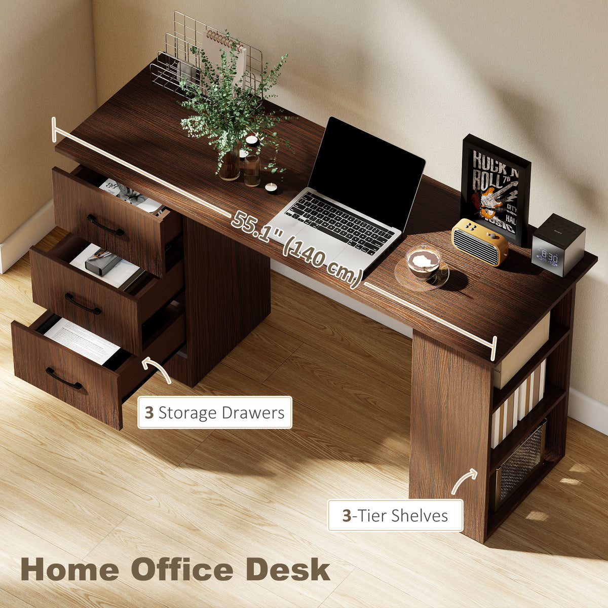 55" Computer Desk with 3 Drawers and Shelves - Walnut-Office Products > Office Furniture > Office Desks & Work Stations > Computer Desks-DECOROLALA