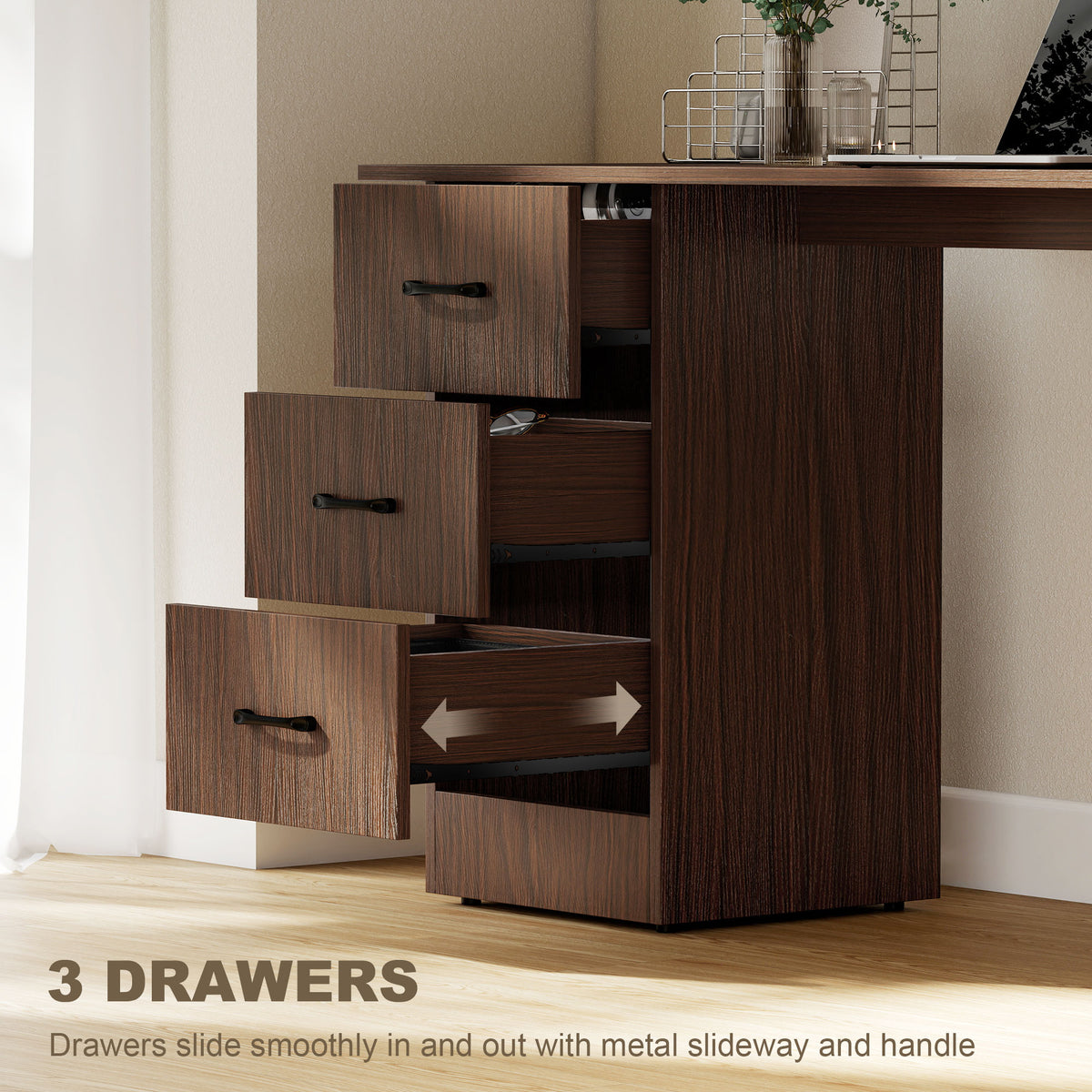 55" Computer Desk with 3 Drawers and Shelves - Walnut-Office Products > Office Furniture > Office Desks & Work Stations > Computer Desks-DECOROLALA