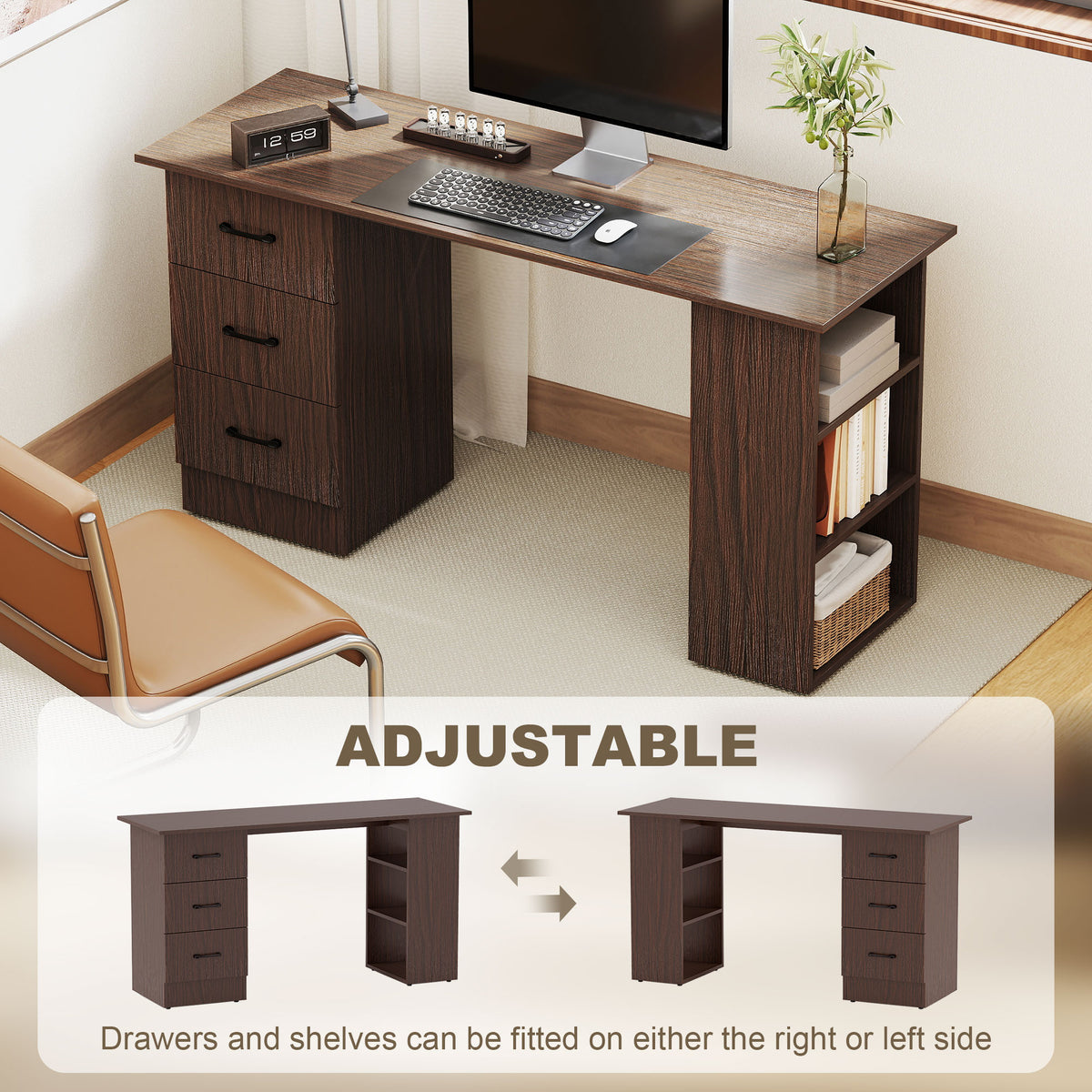 55" Computer Desk with 3 Drawers and Shelves - Walnut-Office Products > Office Furniture > Office Desks & Work Stations > Computer Desks-DECOROLALA