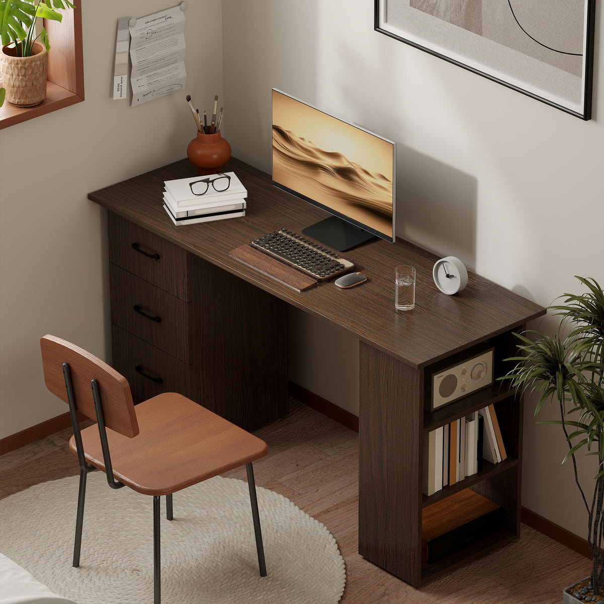 55" Computer Desk with 3 Drawers and Shelves - Walnut-Office Products > Office Furniture > Office Desks & Work Stations > Computer Desks-DECOROLALA