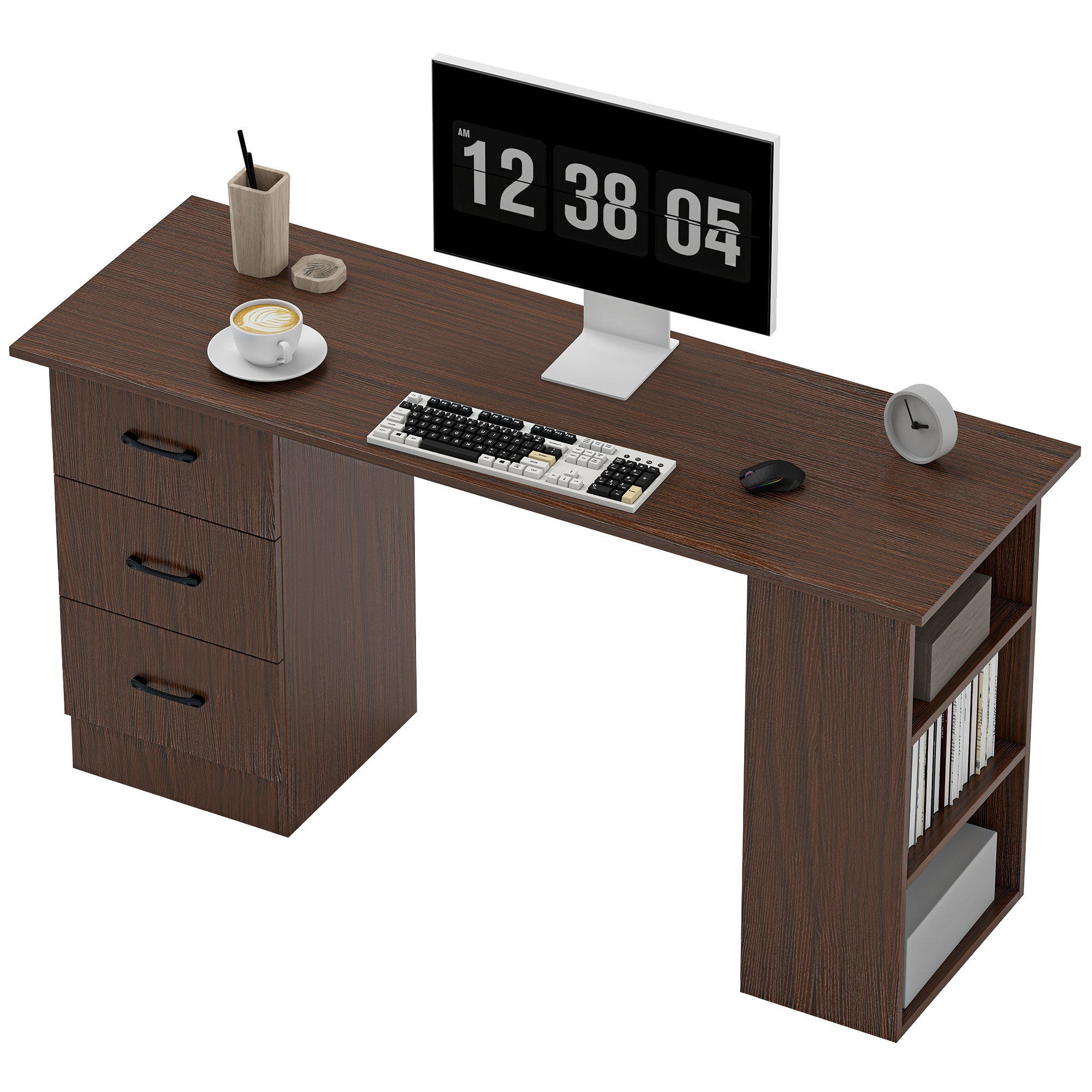 55" Computer Desk with 3 Drawers and Shelves - Walnut-Office Products > Office Furniture > Office Desks & Work Stations > Computer Desks-DECOROLALA