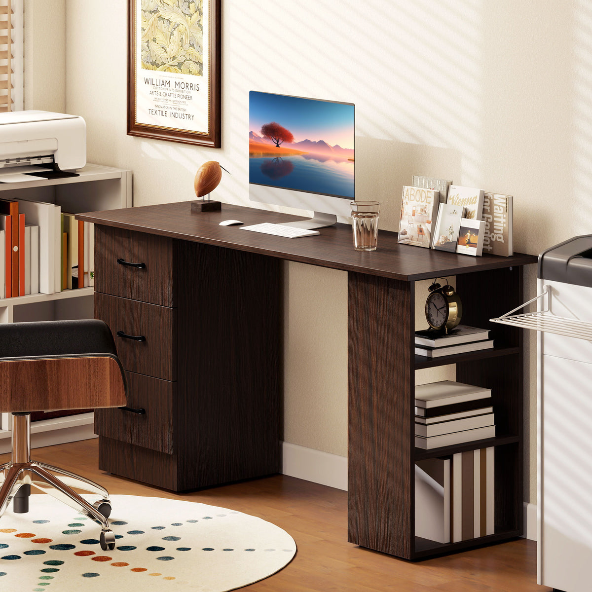 55" Computer Desk with 3 Drawers and Shelves - Walnut-Office Products > Office Furniture > Office Desks & Work Stations > Computer Desks-DECOROLALA