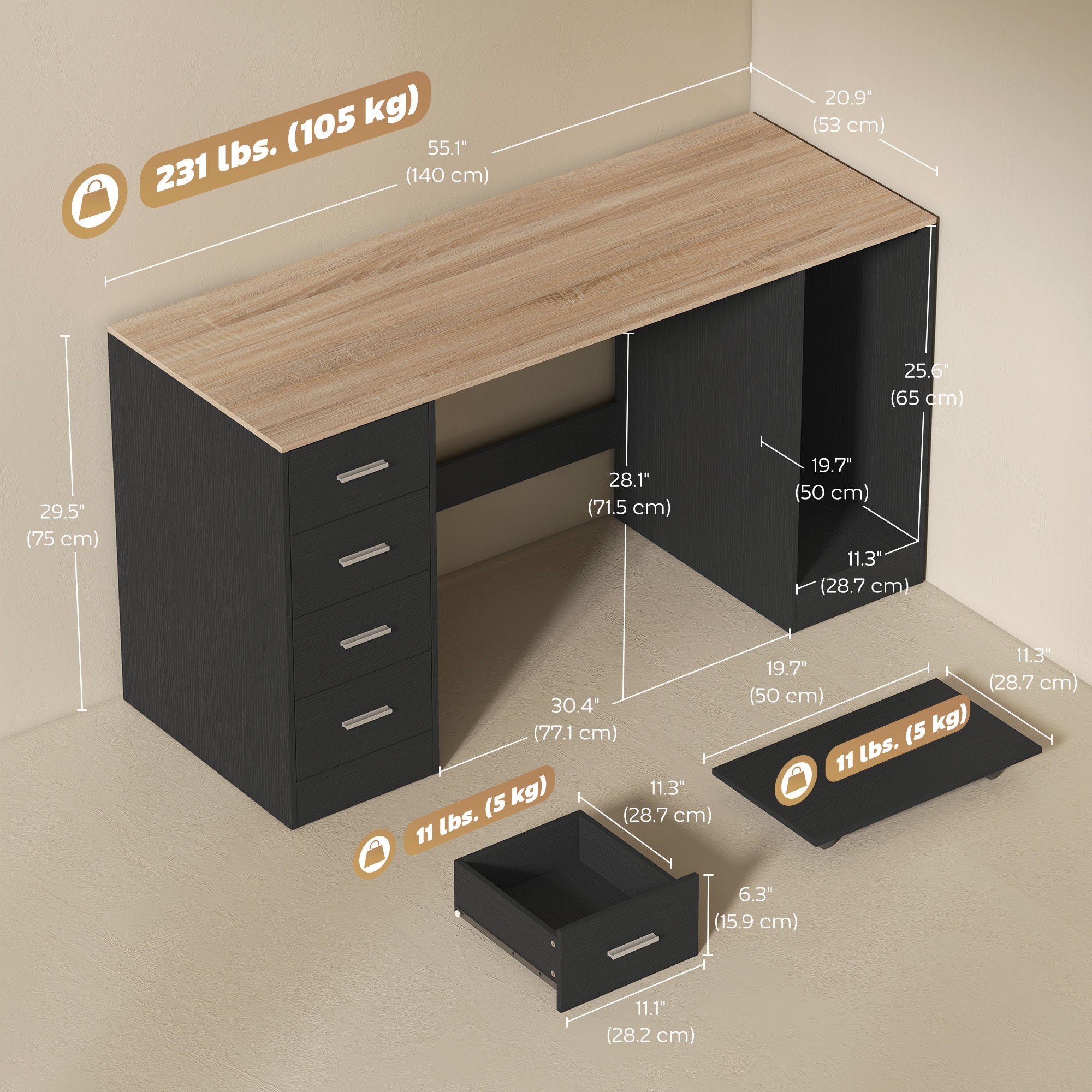55" Computer Desk with 4 Reversible Drawers - Black Wood Grain-Office Products > Office Furniture > Office Desks & Work Stations > Computer Desks-DECOROLALA