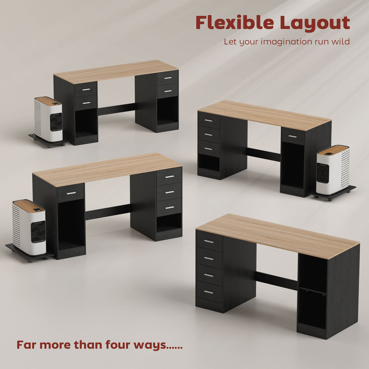 55" Computer Desk with 4 Reversible Drawers - Black Wood Grain-Office Products > Office Furniture > Office Desks & Work Stations > Computer Desks-DECOROLALA