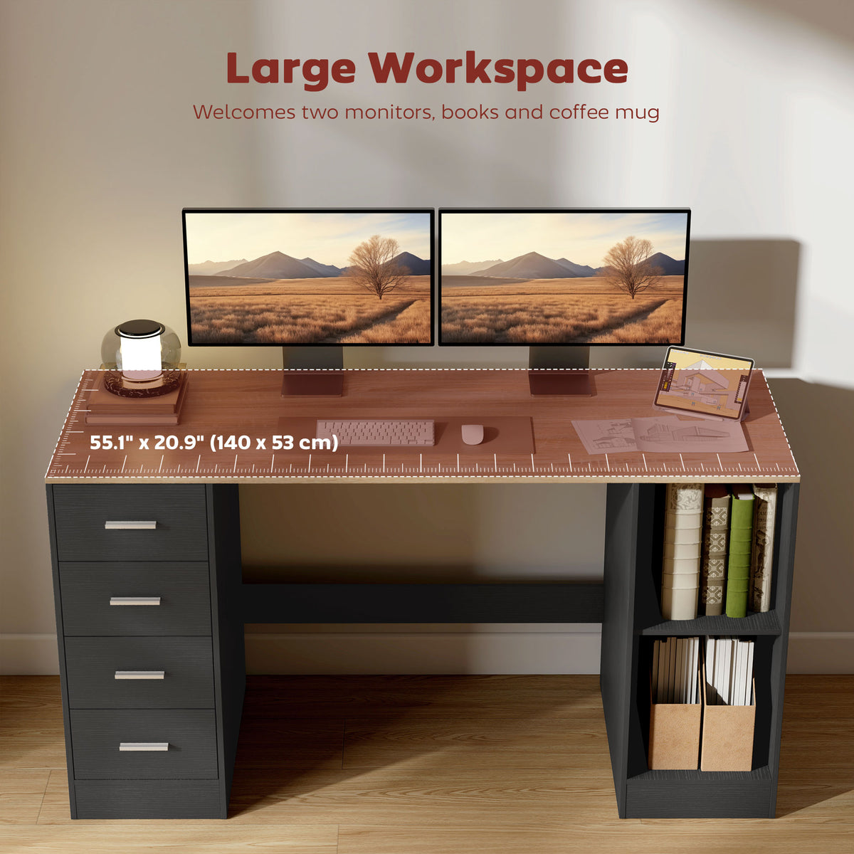 55" Computer Desk with 4 Reversible Drawers - Black Wood Grain-Office Products > Office Furniture > Office Desks & Work Stations > Computer Desks-DECOROLALA
