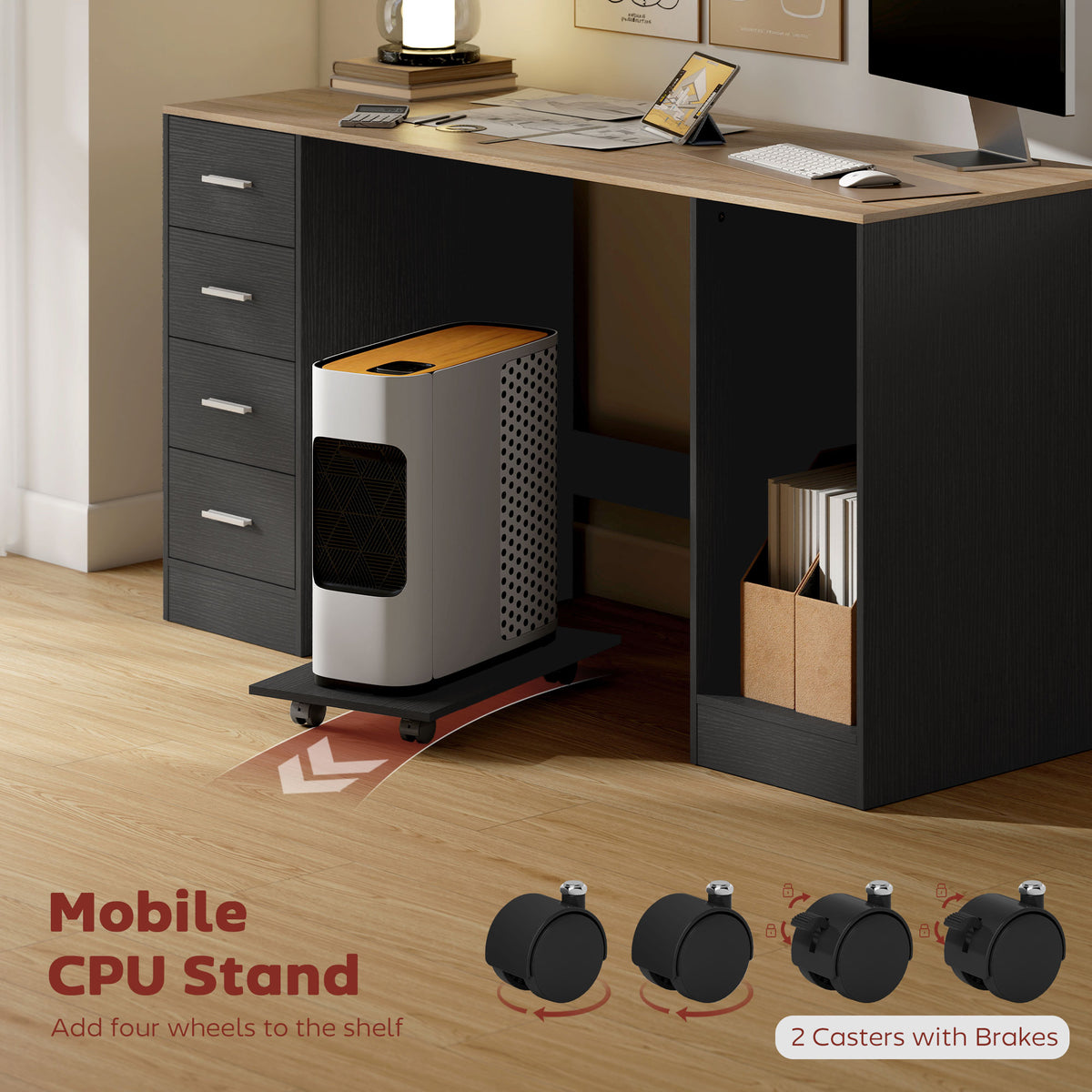 55" Computer Desk with 4 Reversible Drawers - Black Wood Grain-Office Products > Office Furniture > Office Desks & Work Stations > Computer Desks-DECOROLALA