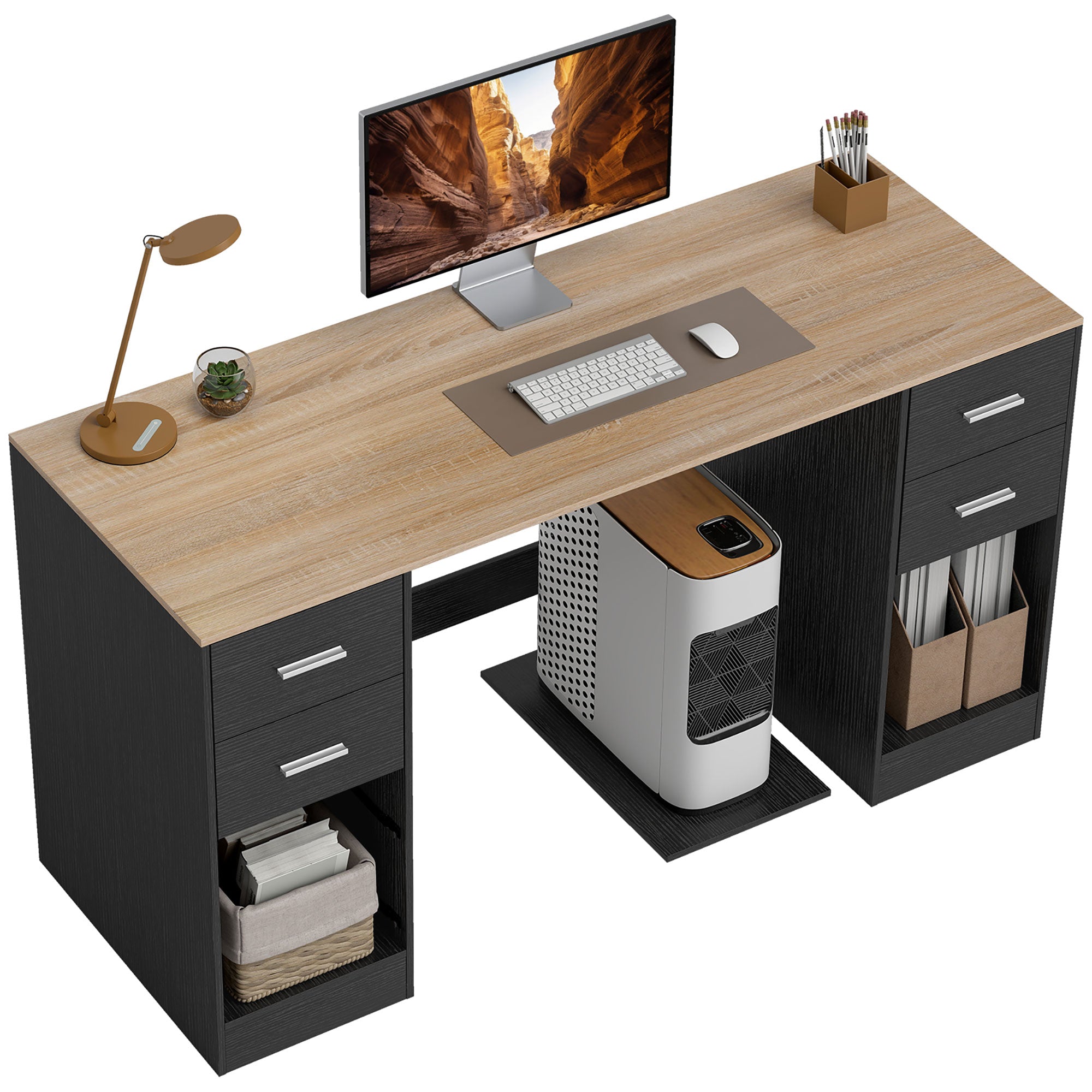 55" Computer Desk with 4 Reversible Drawers - Black Wood Grain-Office Products > Office Furniture > Office Desks & Work Stations > Computer Desks-DECOROLALA