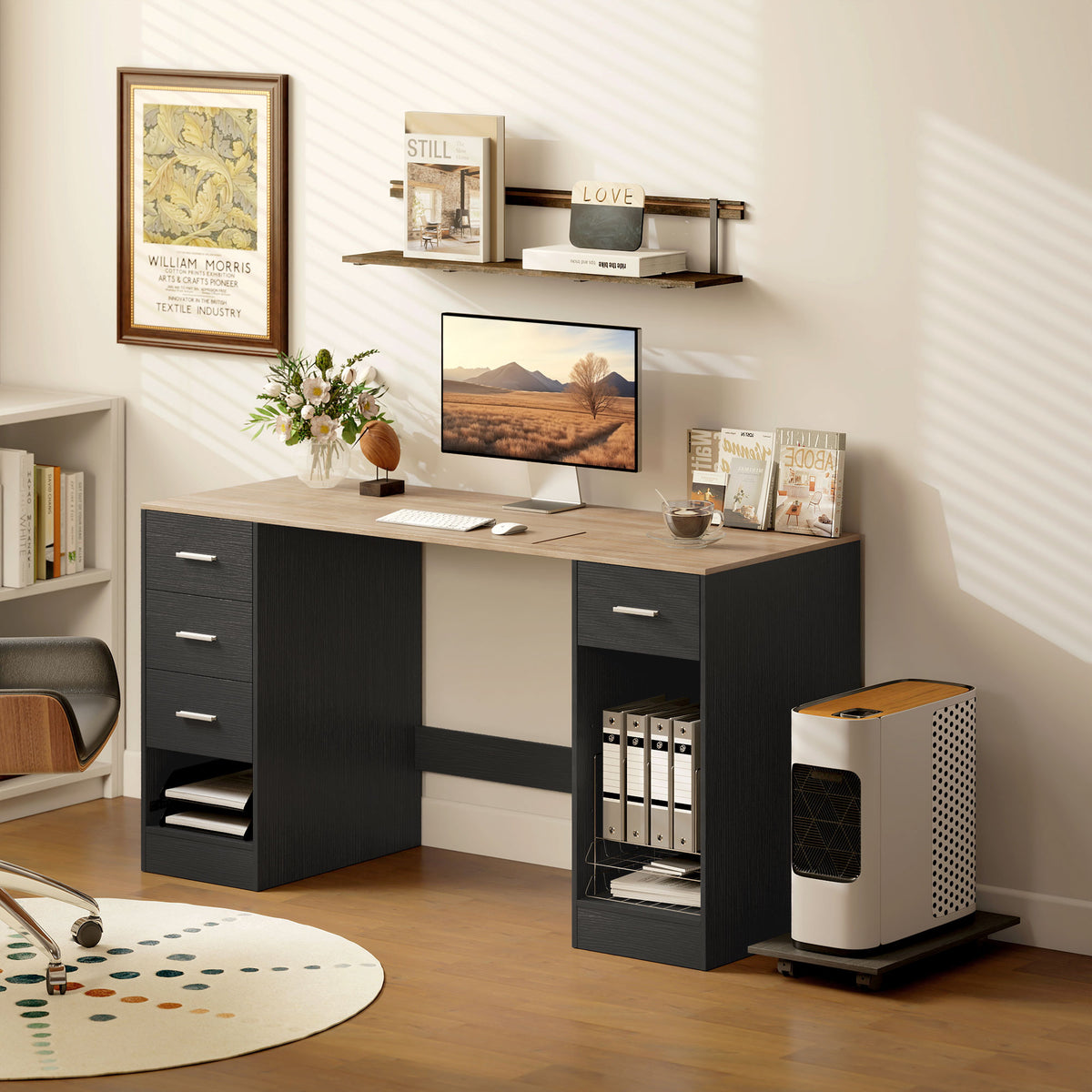 55" Computer Desk with 4 Reversible Drawers - Black Wood Grain-Office Products > Office Furniture > Office Desks & Work Stations > Computer Desks-DECOROLALA