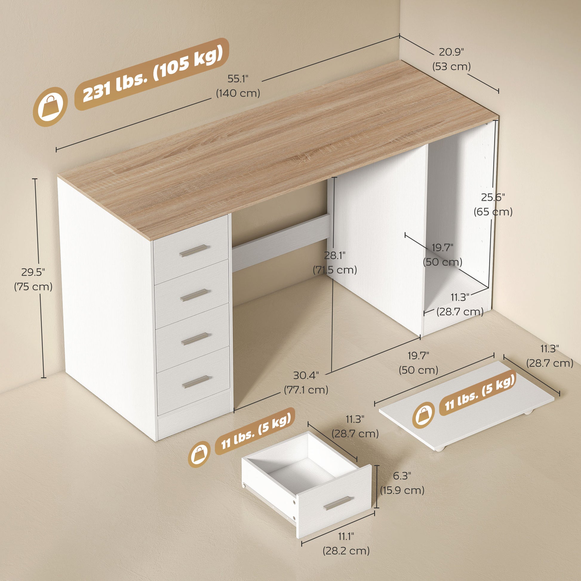 55" Computer Desk with 4 Reversible Drawers - White Wood Grain-DECOROLALA