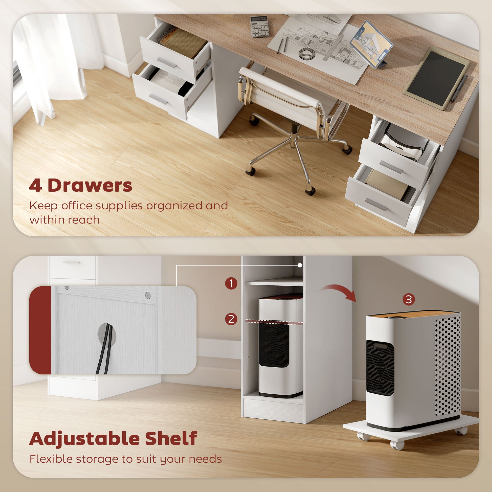 55" Computer Desk with 4 Reversible Drawers - White Wood Grain-DECOROLALA