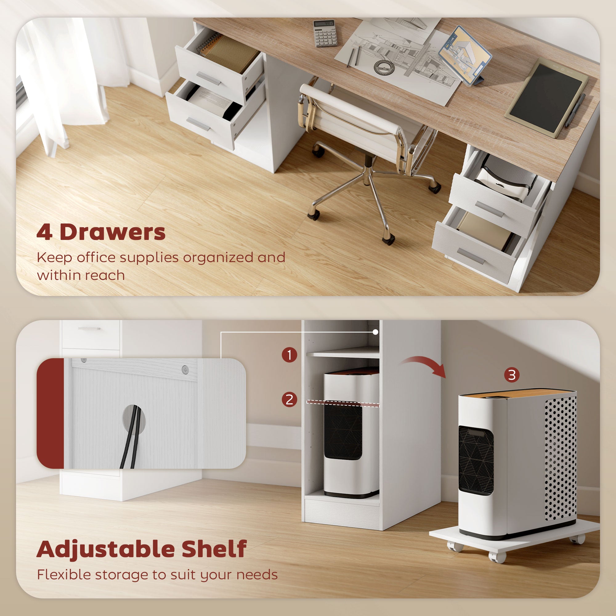 55" Computer Desk with 4 Reversible Drawers - White Wood Grain-DECOROLALA