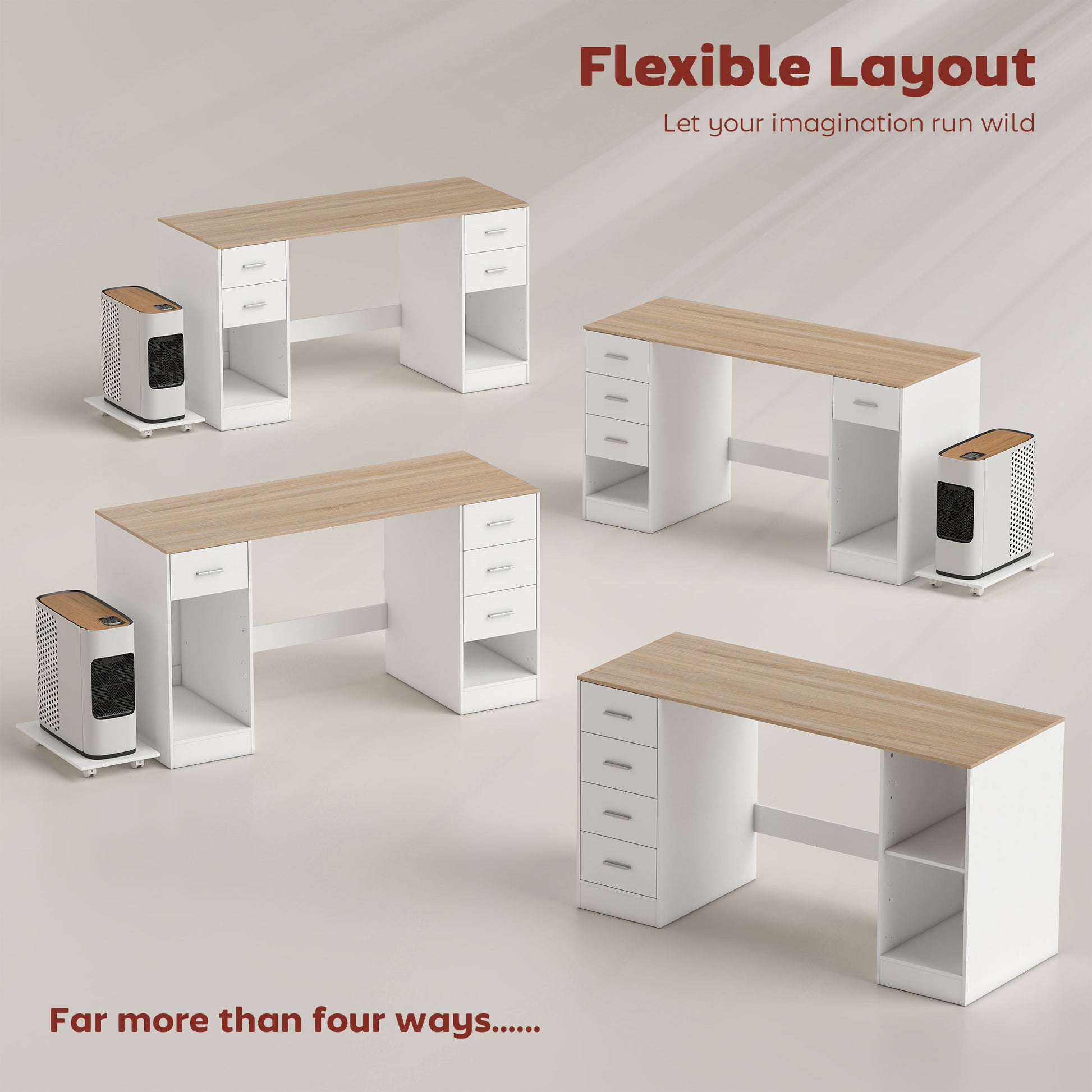 55" Computer Desk with 4 Reversible Drawers - White Wood Grain-DECOROLALA
