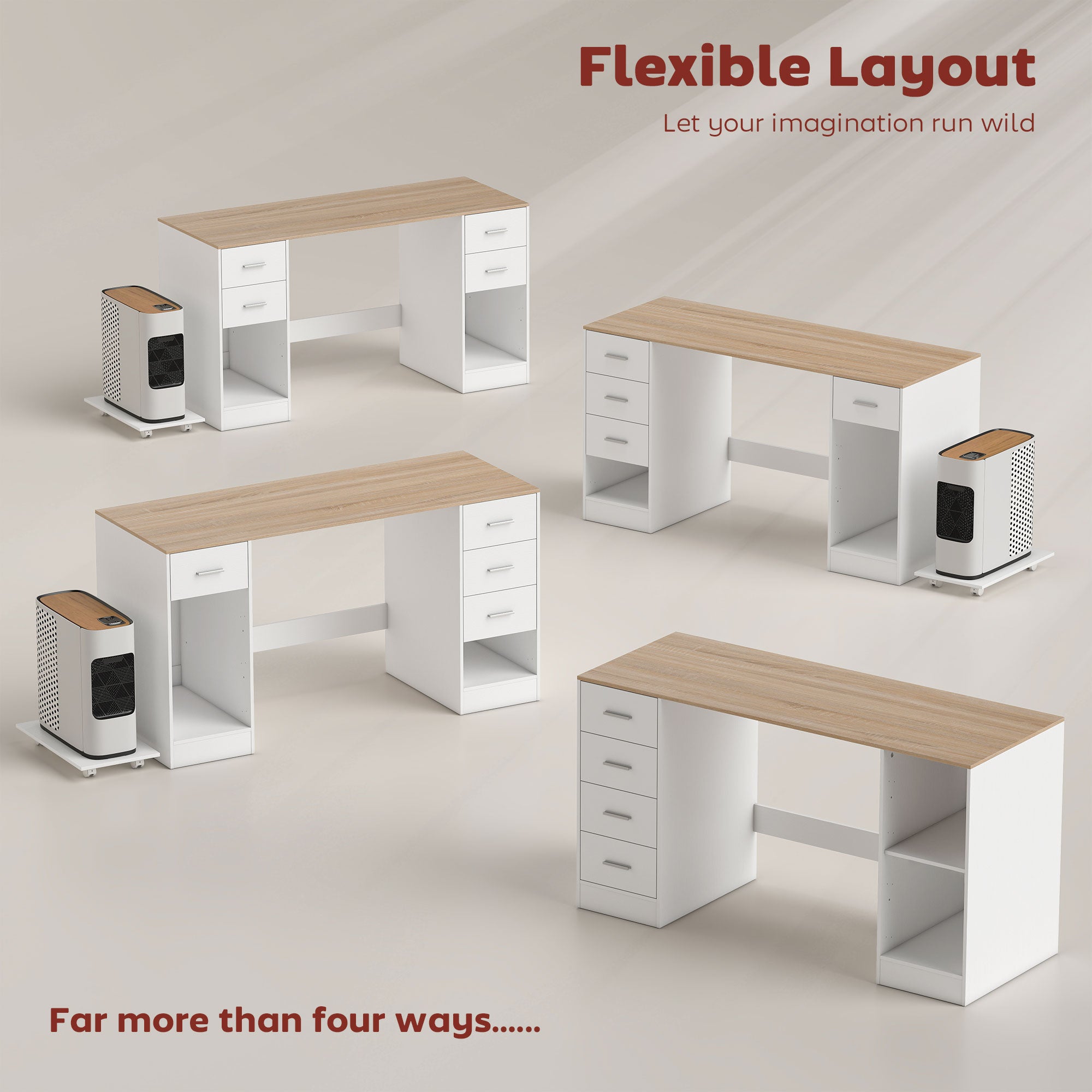 55" Computer Desk with 4 Reversible Drawers - White Wood Grain-DECOROLALA