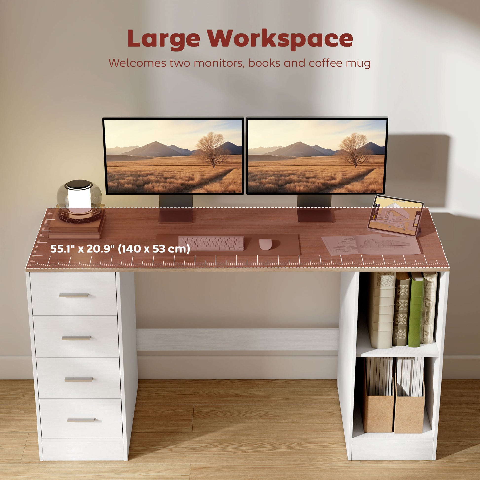 55" Computer Desk with 4 Reversible Drawers - White Wood Grain-DECOROLALA