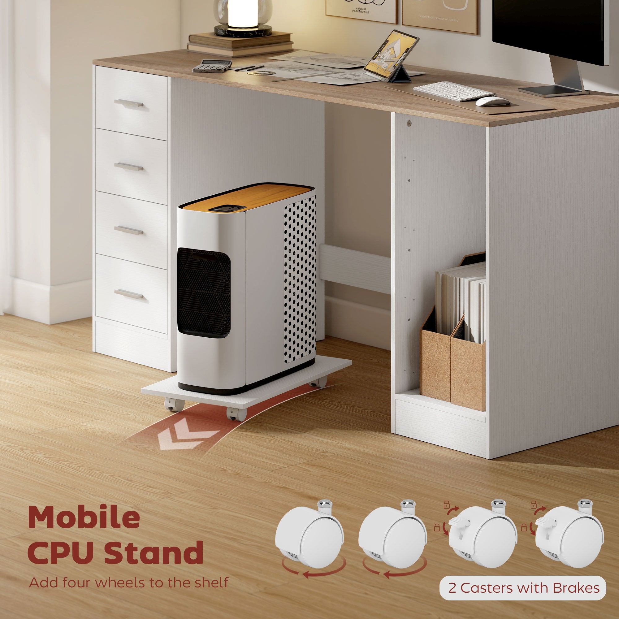 55" Computer Desk with 4 Reversible Drawers - White Wood Grain-DECOROLALA