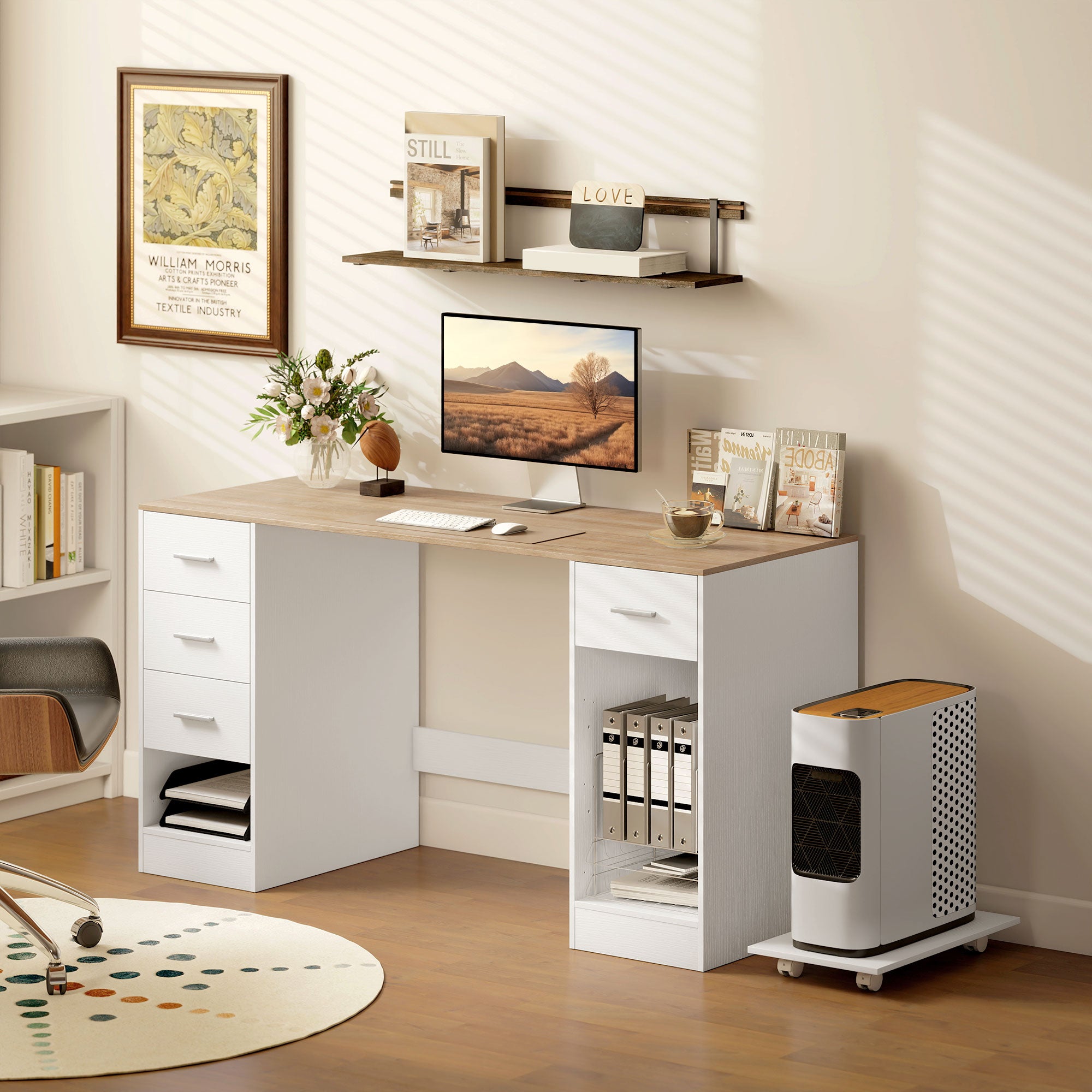 55" Computer Desk with 4 Reversible Drawers - White Wood Grain-DECOROLALA