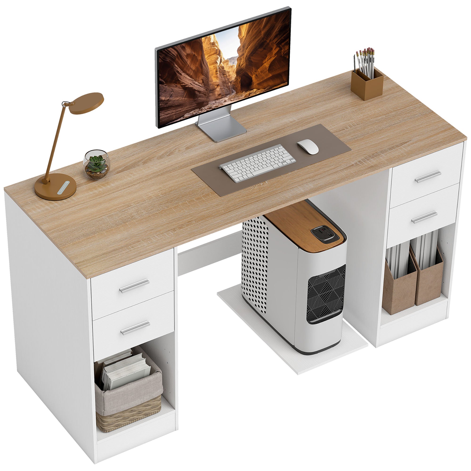 55" Computer Desk with 4 Reversible Drawers - White Wood Grain-DECOROLALA