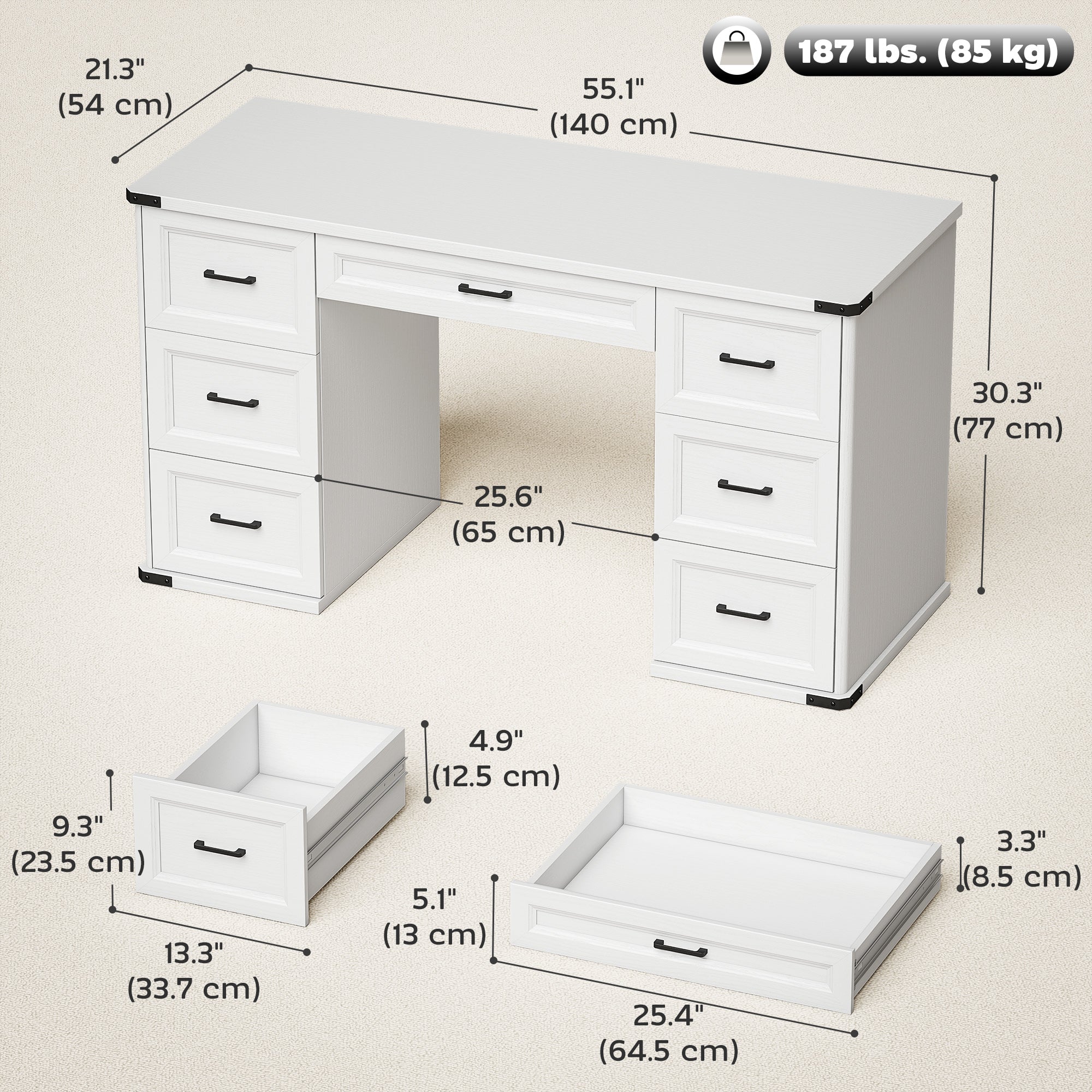 55" Computer Desk with 7 Drawers - White Wood Grain-DECOROLALA