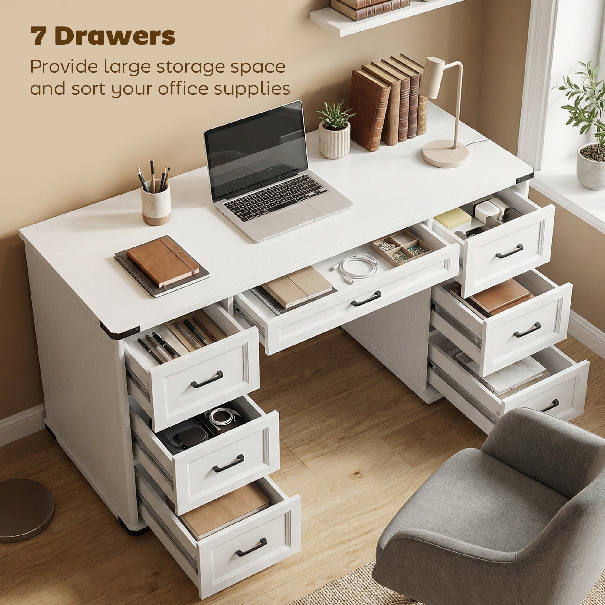 55" Computer Desk with 7 Drawers - White Wood Grain-DECOROLALA