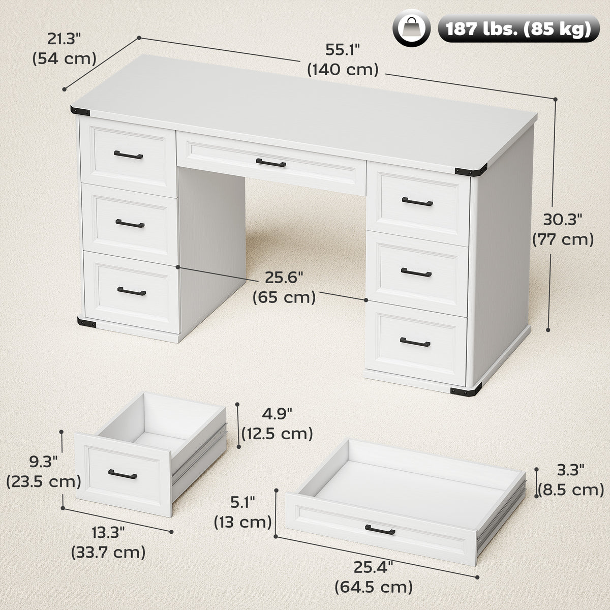 55" Computer Desk with 7 Drawers - White Wood Grain-DECOROLALA