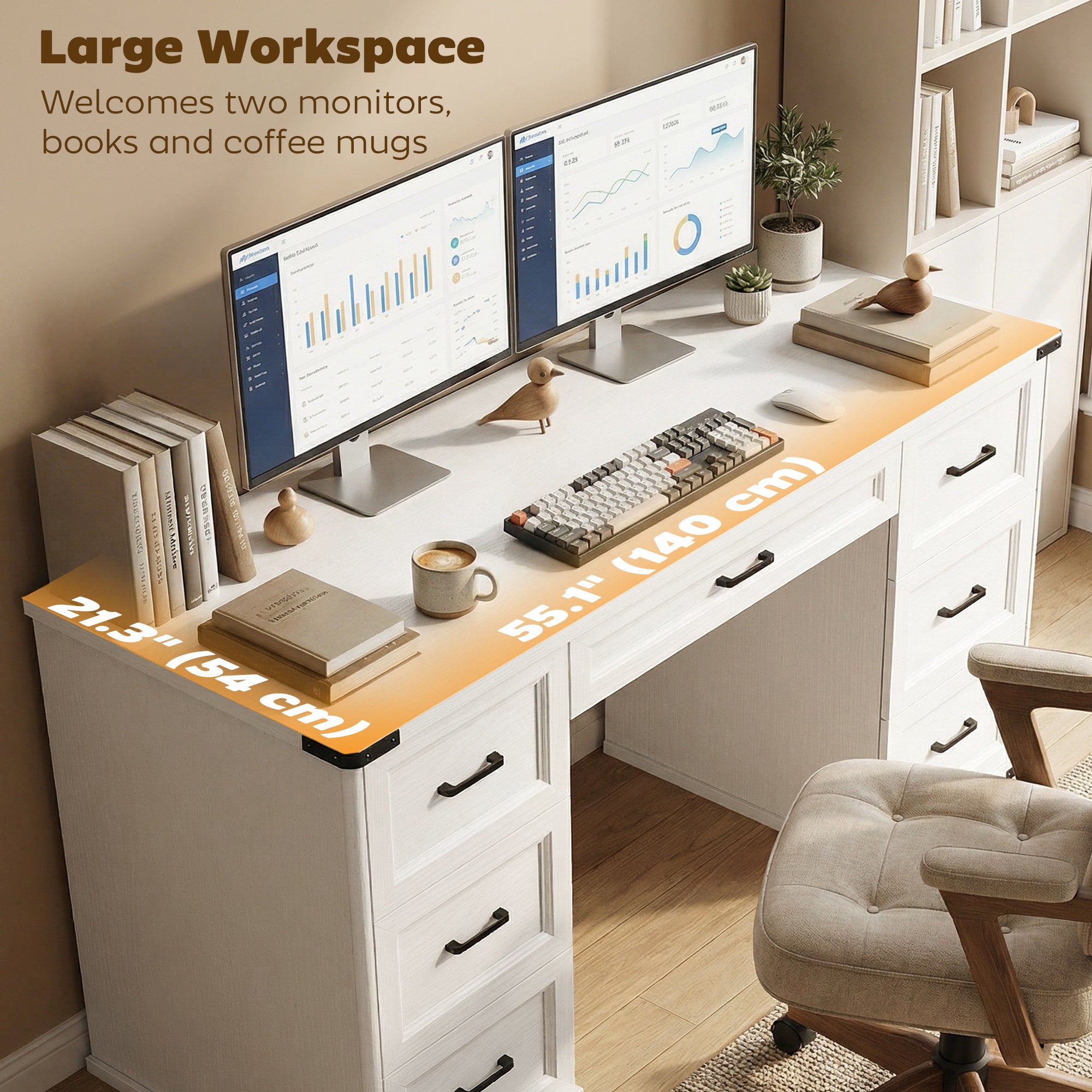 55" Computer Desk with 7 Drawers - White Wood Grain-DECOROLALA