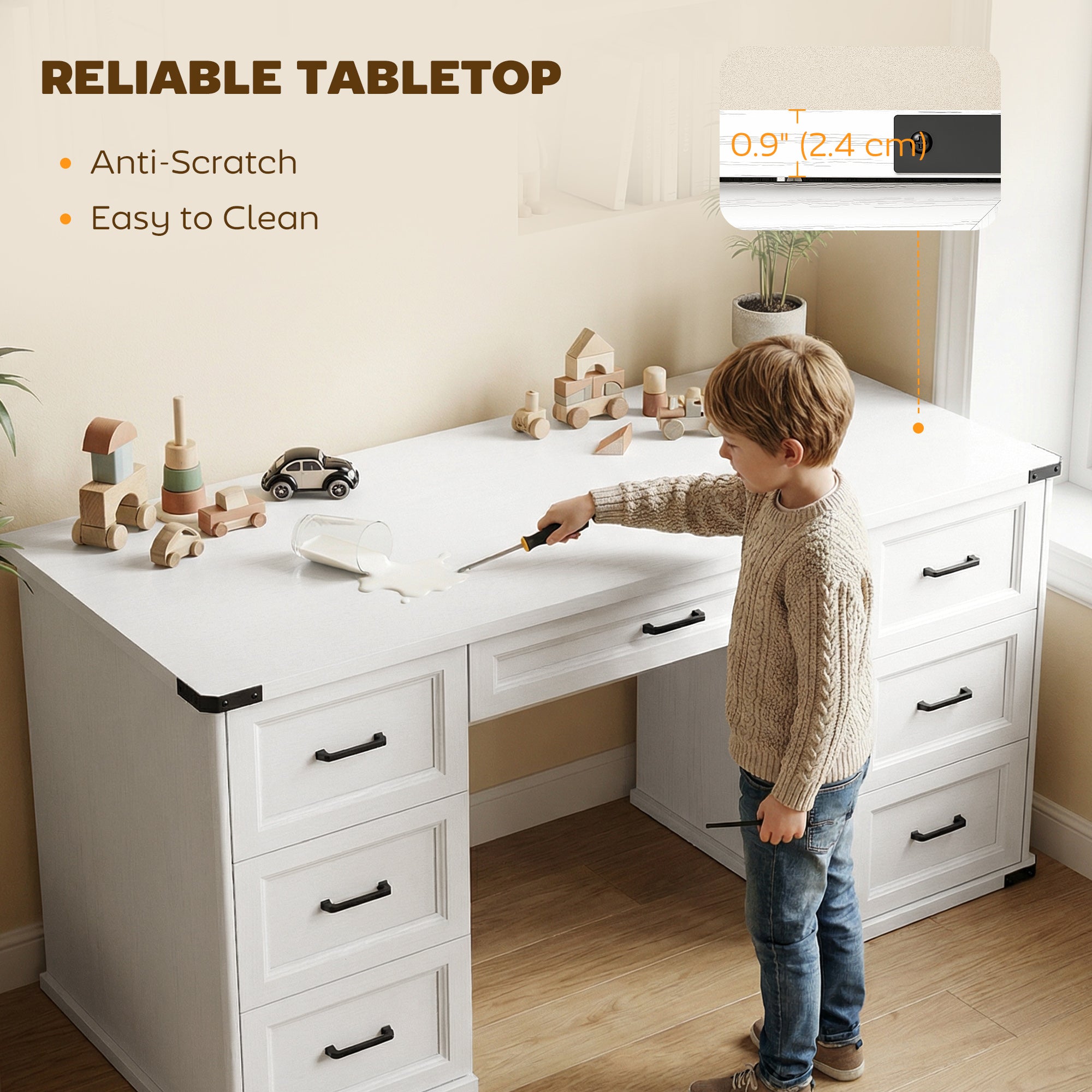 55" Computer Desk with 7 Drawers - White Wood Grain-DECOROLALA