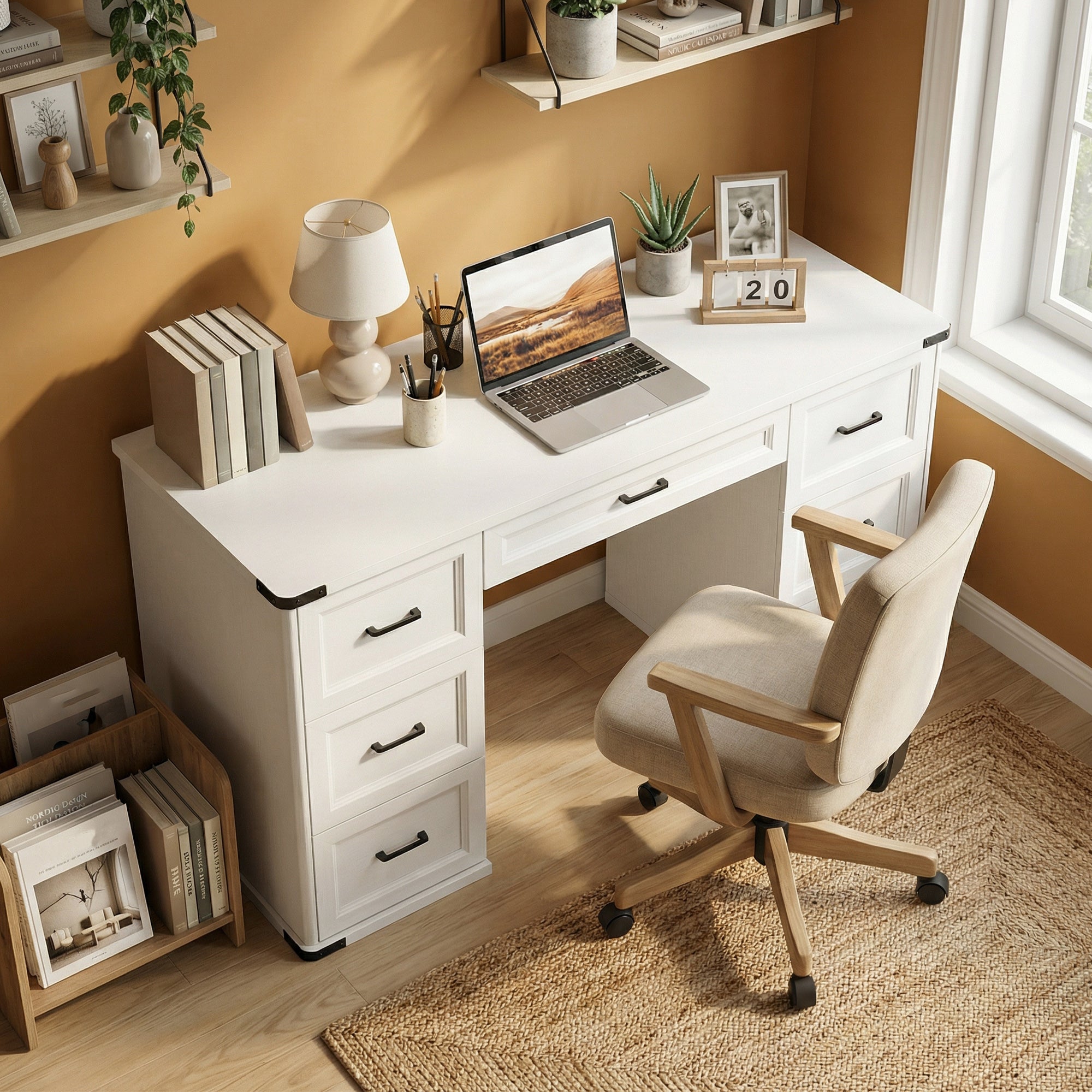 55" Computer Desk with 7 Drawers - White Wood Grain-DECOROLALA