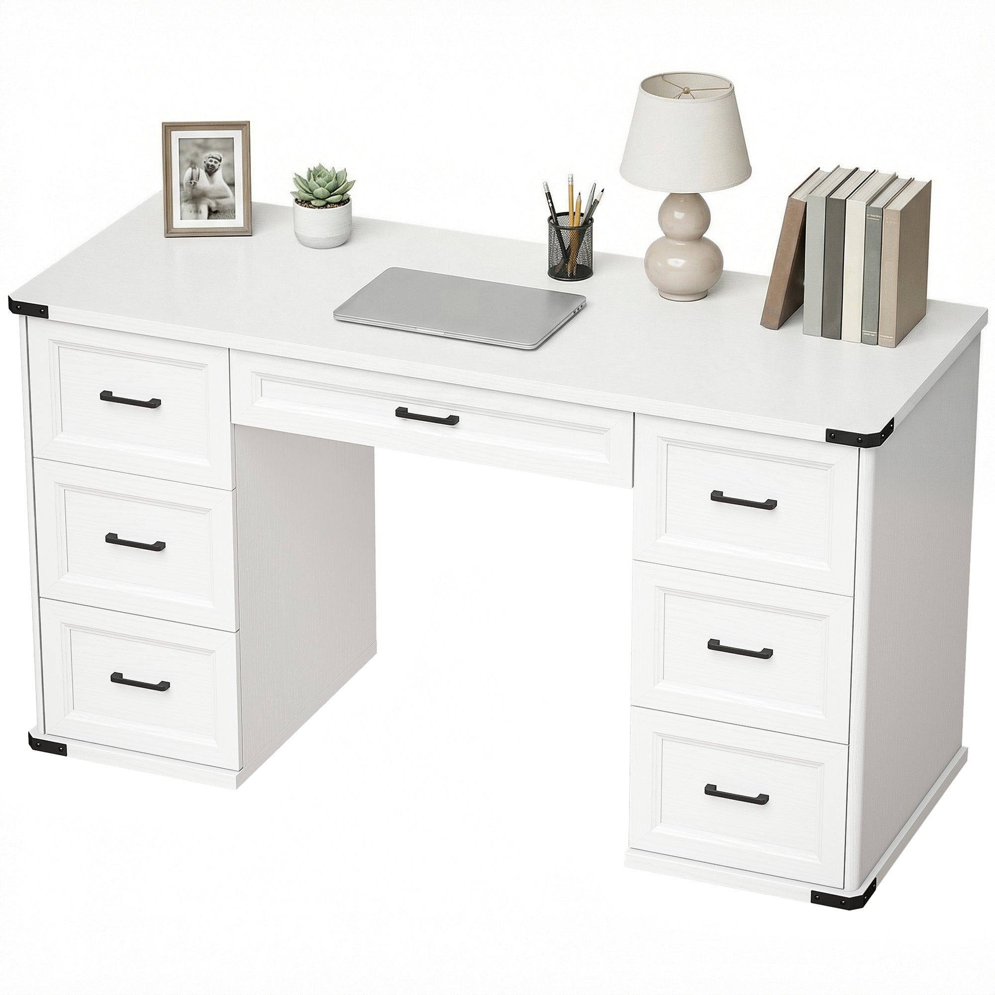 55" Computer Desk with 7 Drawers - White Wood Grain-DECOROLALA