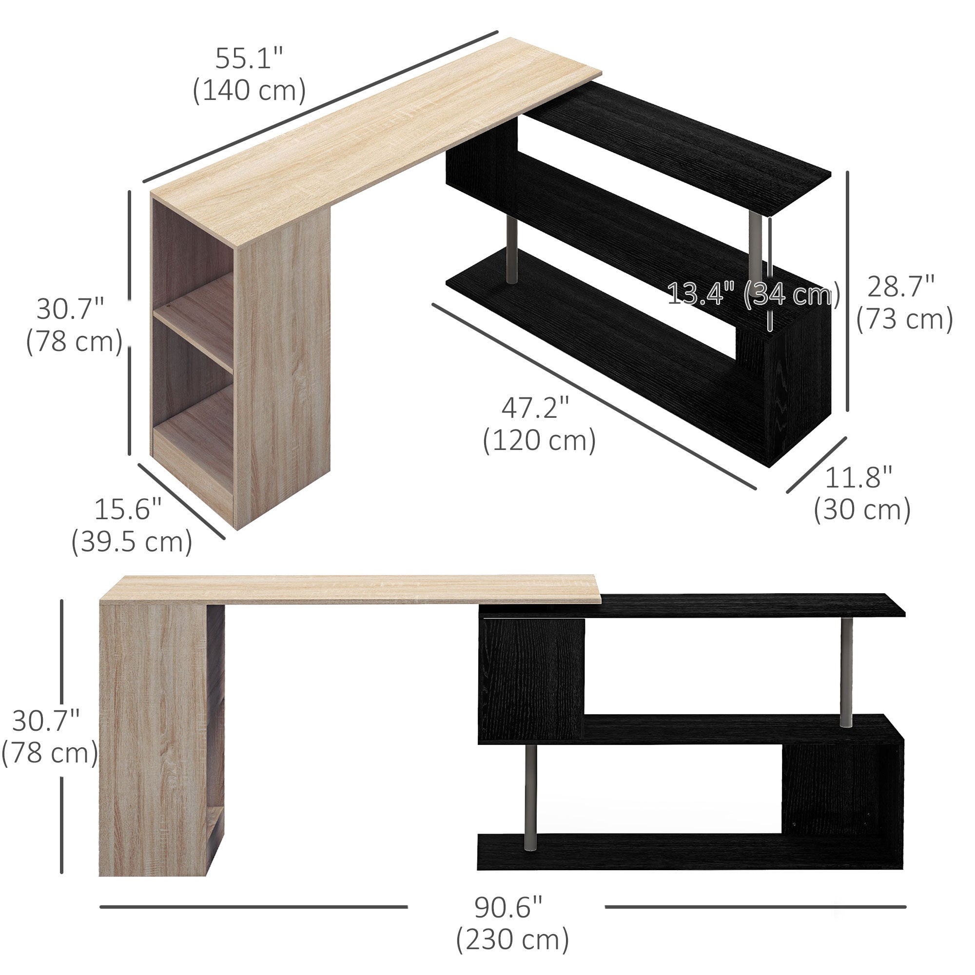 55" Corner Computer Desk, 360¬∞ Rotating L-Shaped Desk, Home Office Workstation with 3-Tier Shelves, Bookshelf-Office Products > Office Furniture > Office Desks & Work Stations > Computer Desks-DECOROLALA