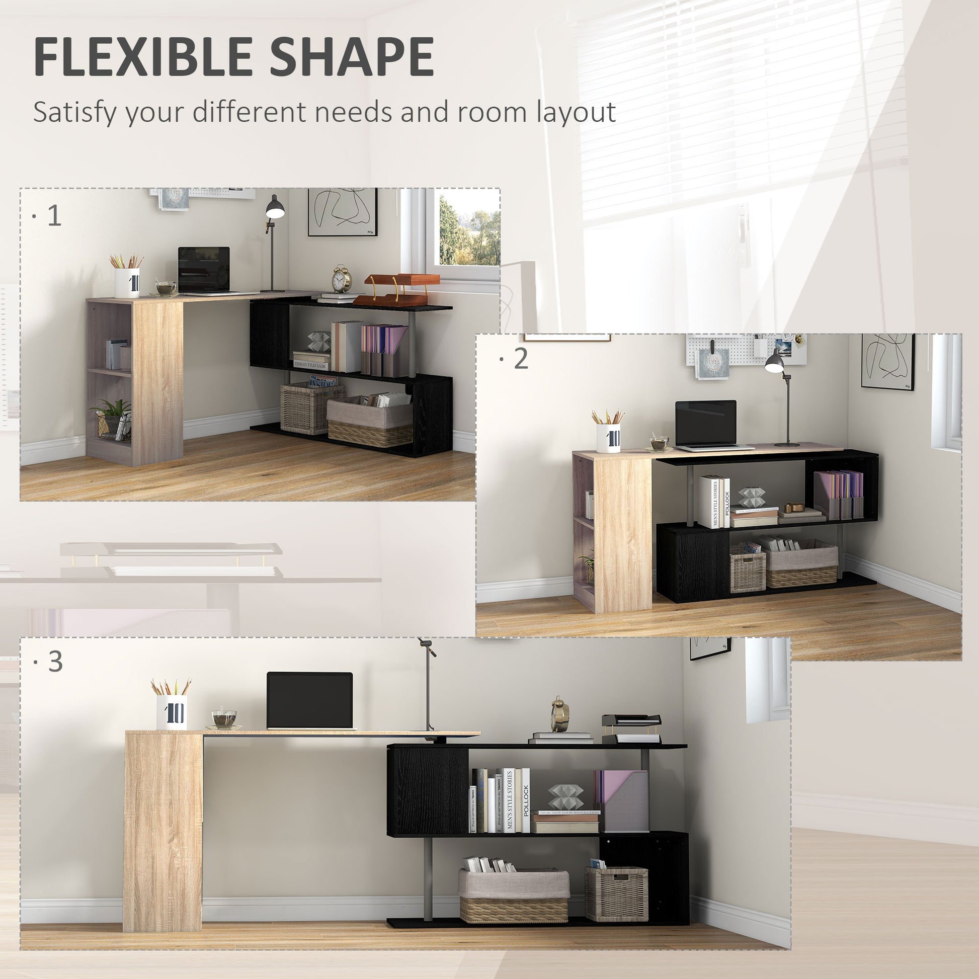 55" Corner Computer Desk, 360¬∞ Rotating L-Shaped Desk, Home Office Workstation with 3-Tier Shelves, Bookshelf-Office Products > Office Furniture > Office Desks & Work Stations > Computer Desks-DECOROLALA