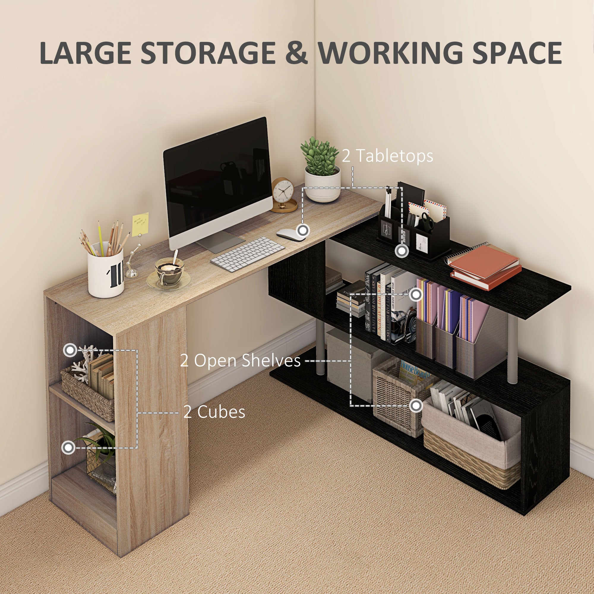55" Corner Computer Desk, 360¬∞ Rotating L-Shaped Desk, Home Office Workstation with 3-Tier Shelves, Bookshelf-Office Products > Office Furniture > Office Desks & Work Stations > Computer Desks-DECOROLALA
