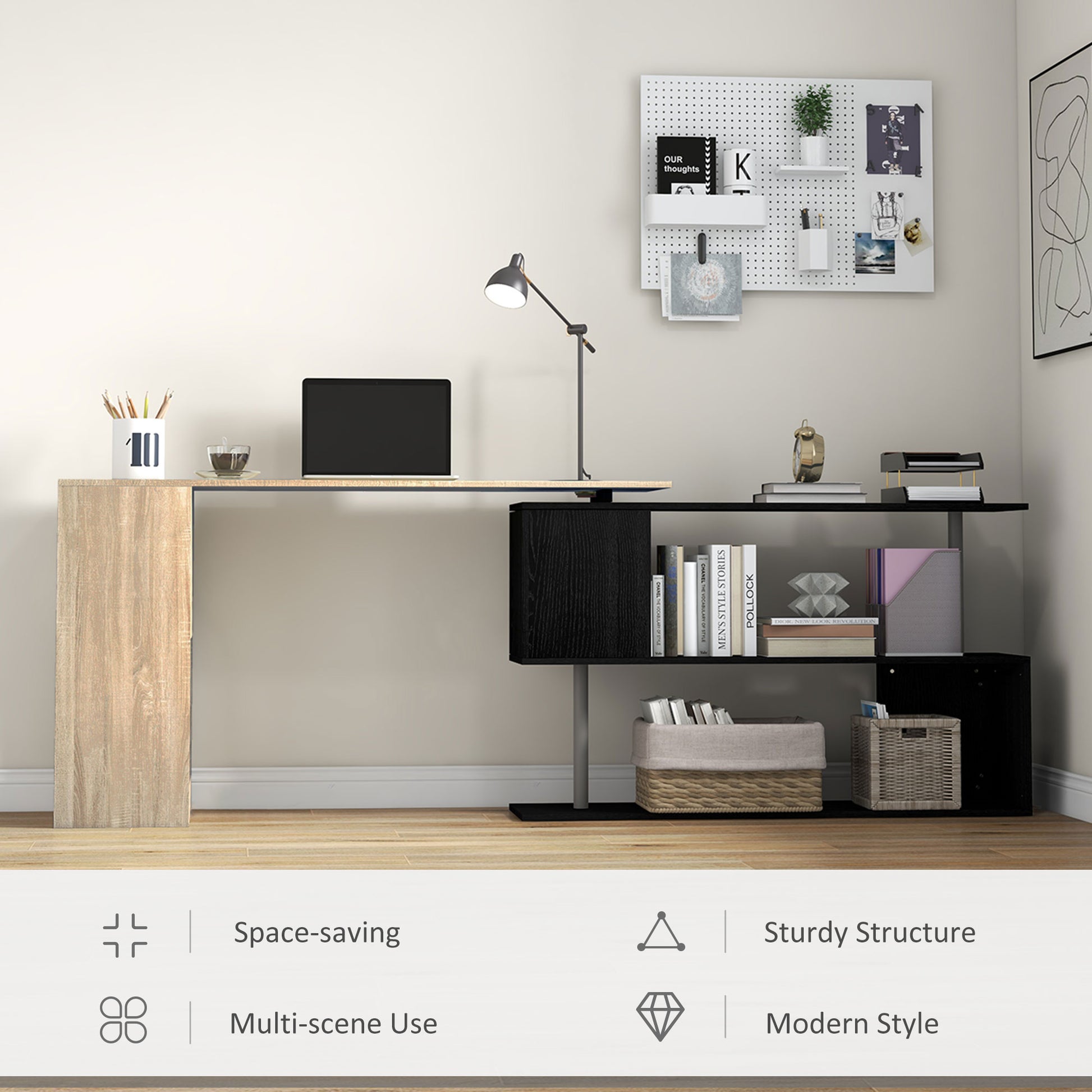 55" Corner Computer Desk, 360¬∞ Rotating L-Shaped Desk, Home Office Workstation with 3-Tier Shelves, Bookshelf-Office Products > Office Furniture > Office Desks & Work Stations > Computer Desks-DECOROLALA