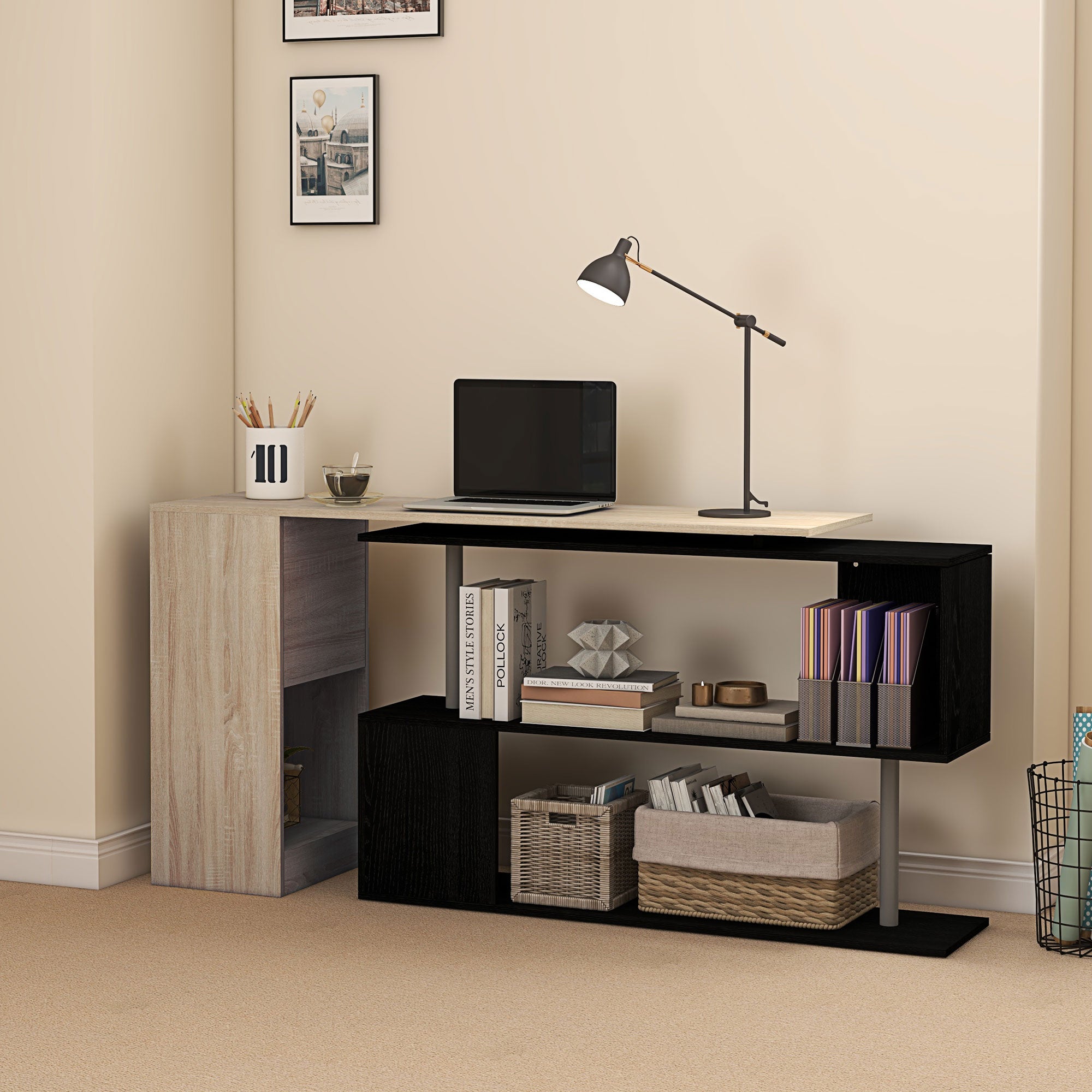 55" Corner Computer Desk, 360¬∞ Rotating L-Shaped Desk, Home Office Workstation with 3-Tier Shelves, Bookshelf-Office Products > Office Furniture > Office Desks & Work Stations > Computer Desks-DECOROLALA