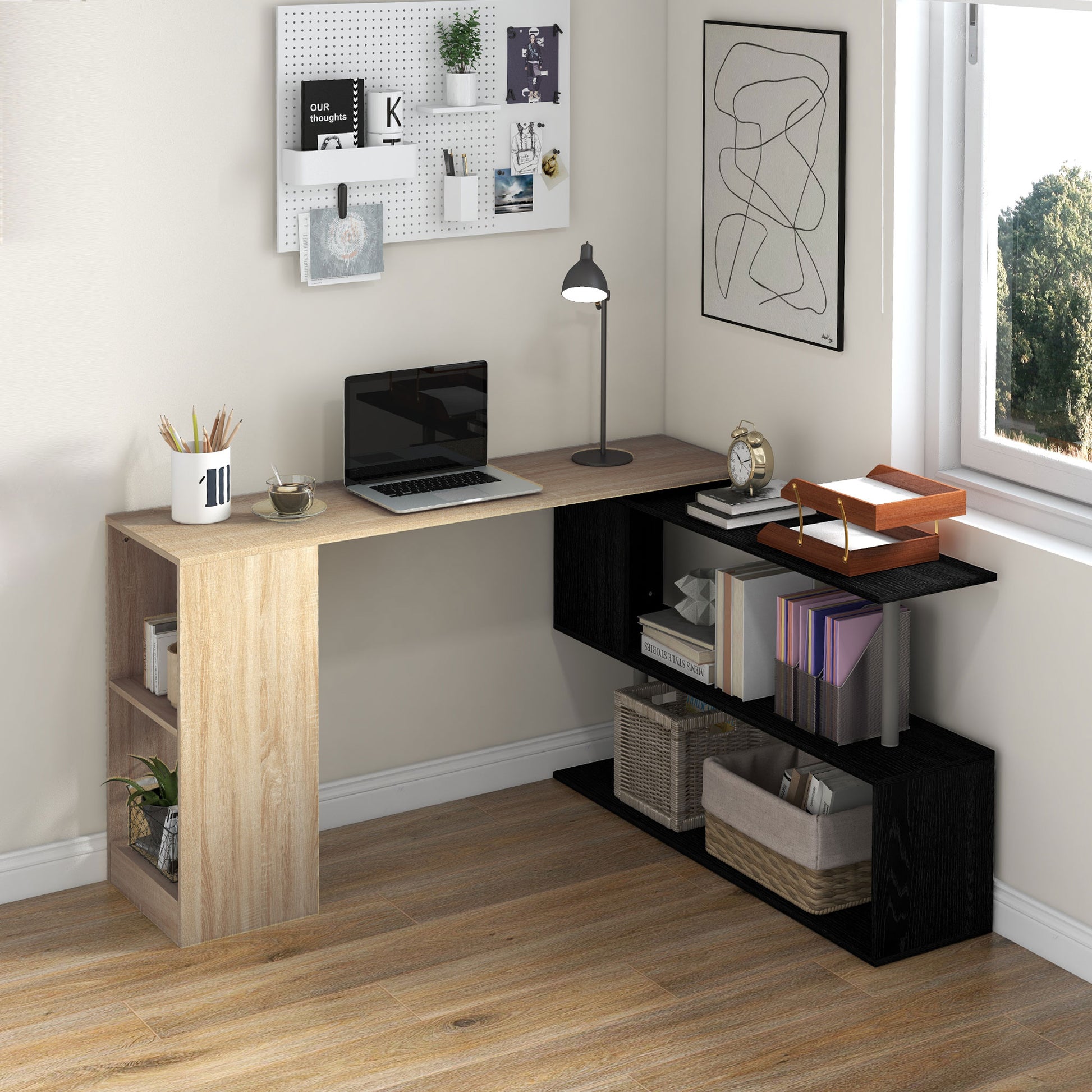 55" Corner Computer Desk, 360¬∞ Rotating L-Shaped Desk, Home Office Workstation with 3-Tier Shelves, Bookshelf-Office Products > Office Furniture > Office Desks & Work Stations > Computer Desks-DECOROLALA