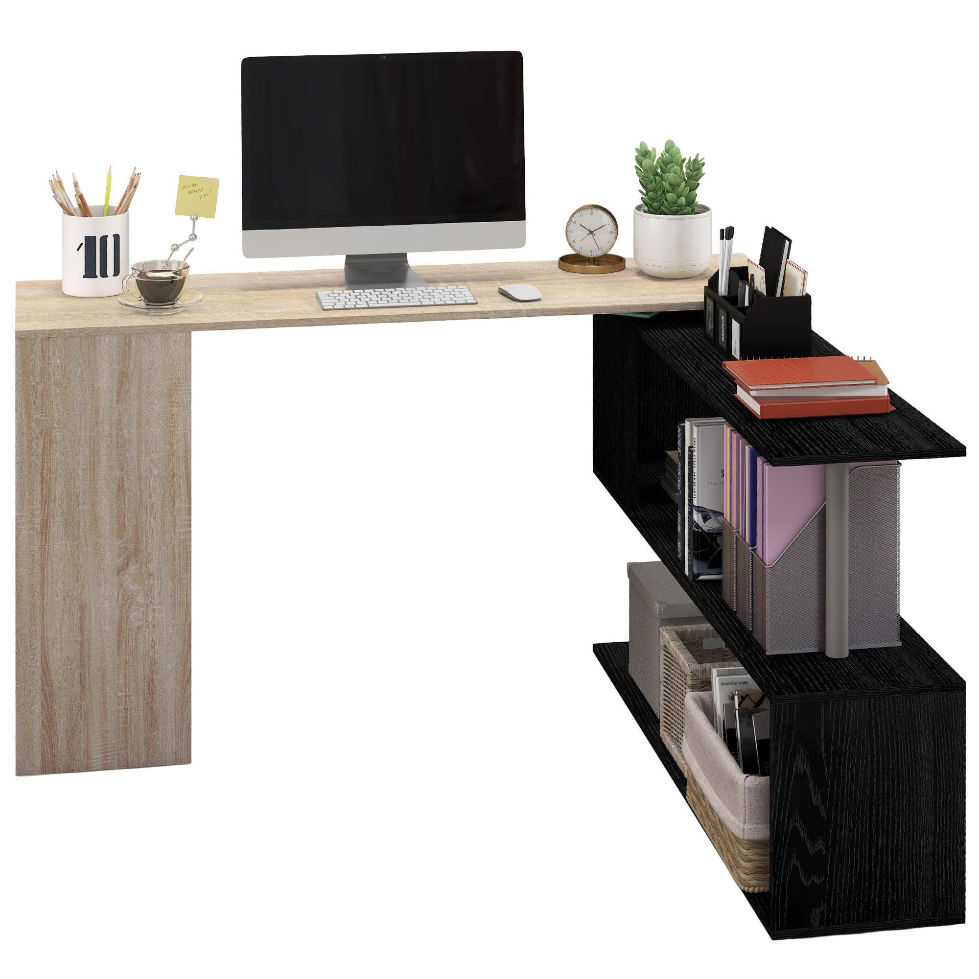 55" Corner Computer Desk, 360¬∞ Rotating L-Shaped Desk, Home Office Workstation with 3-Tier Shelves, Bookshelf-Office Products > Office Furniture > Office Desks & Work Stations > Computer Desks-DECOROLALA