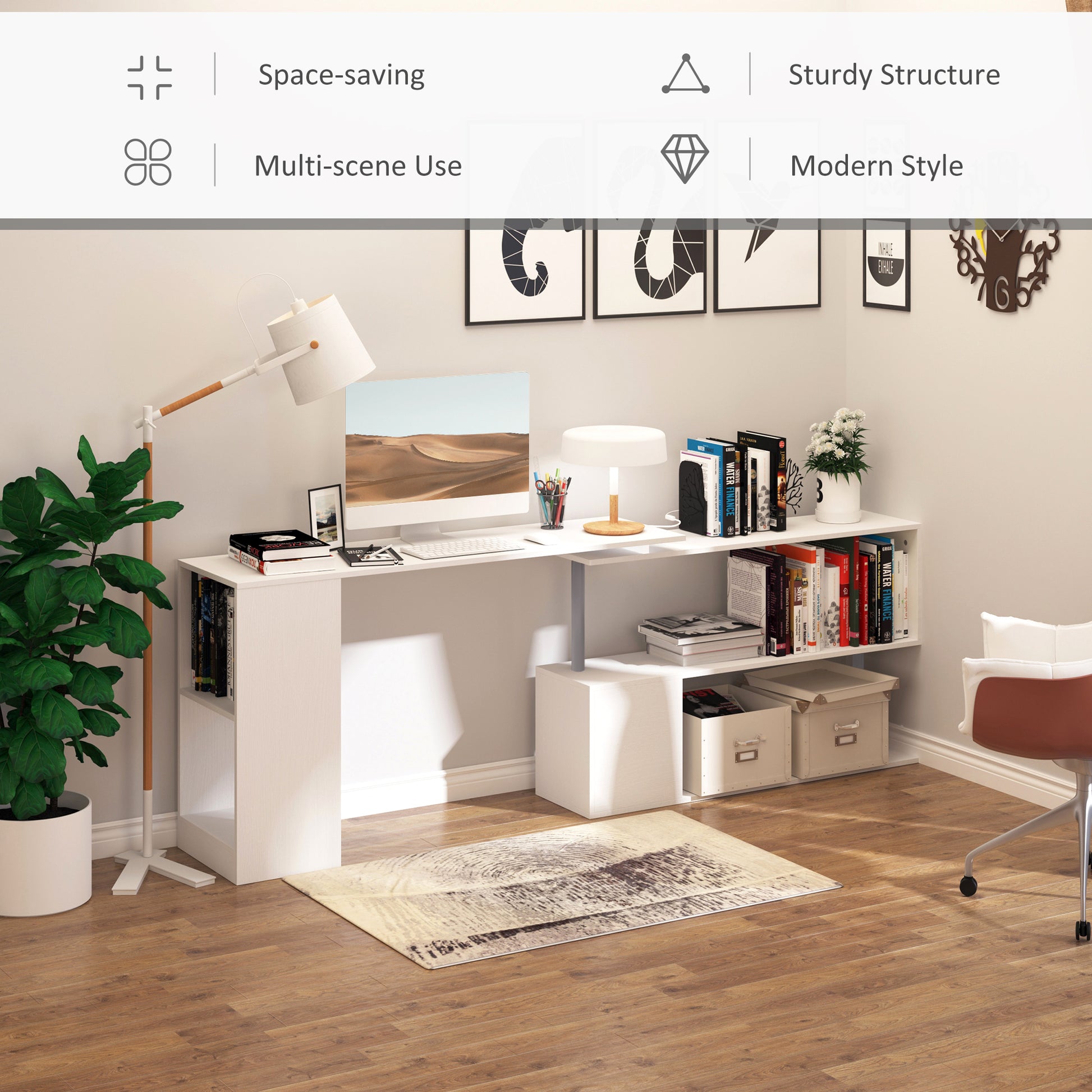 55" Corner Computer Desk, 360¬∞ Rotating L-Shaped Desk, Home Office Workstation with 3-Tier Shelves, Bookshelf, White-Office Products > Office Furniture > Office Desks & Work Stations > Writing Desks-DECOROLALA