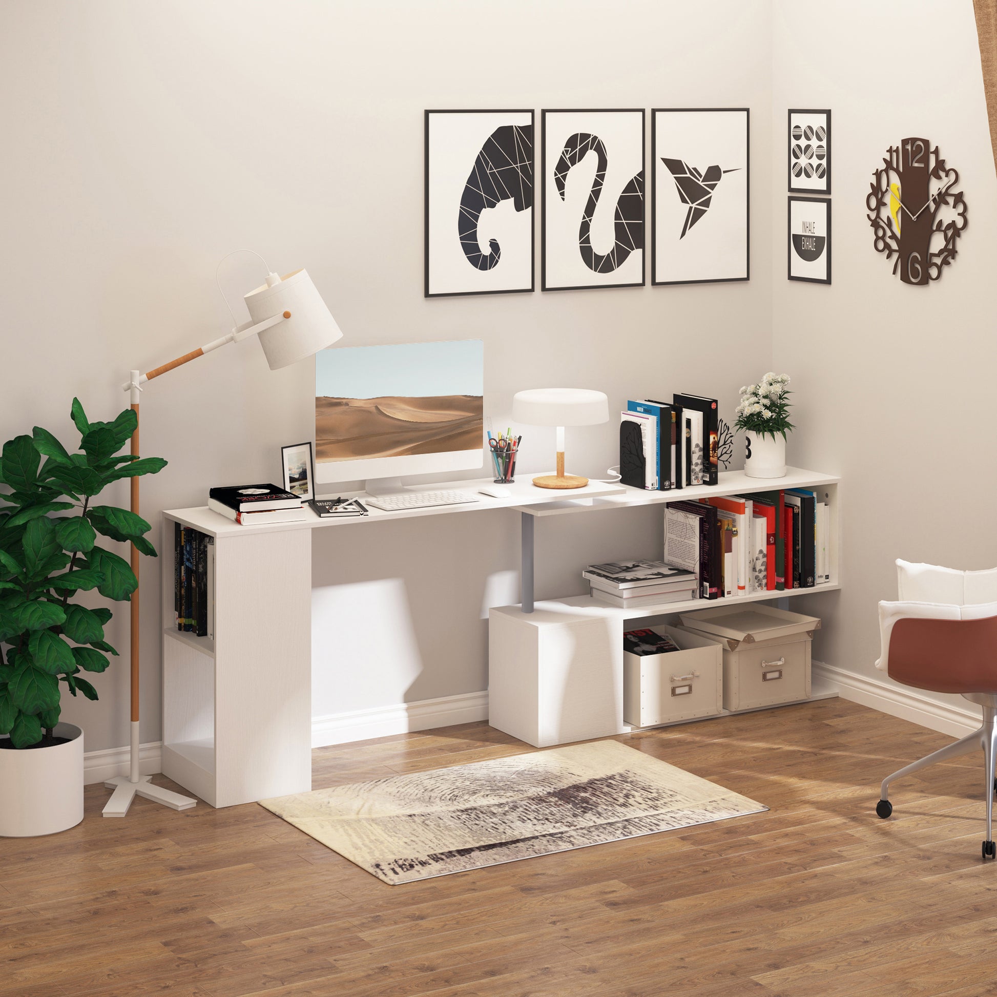 55" Corner Computer Desk, 360¬∞ Rotating L-Shaped Desk, Home Office Workstation with 3-Tier Shelves, Bookshelf, White-Office Products > Office Furniture > Office Desks & Work Stations > Writing Desks-DECOROLALA